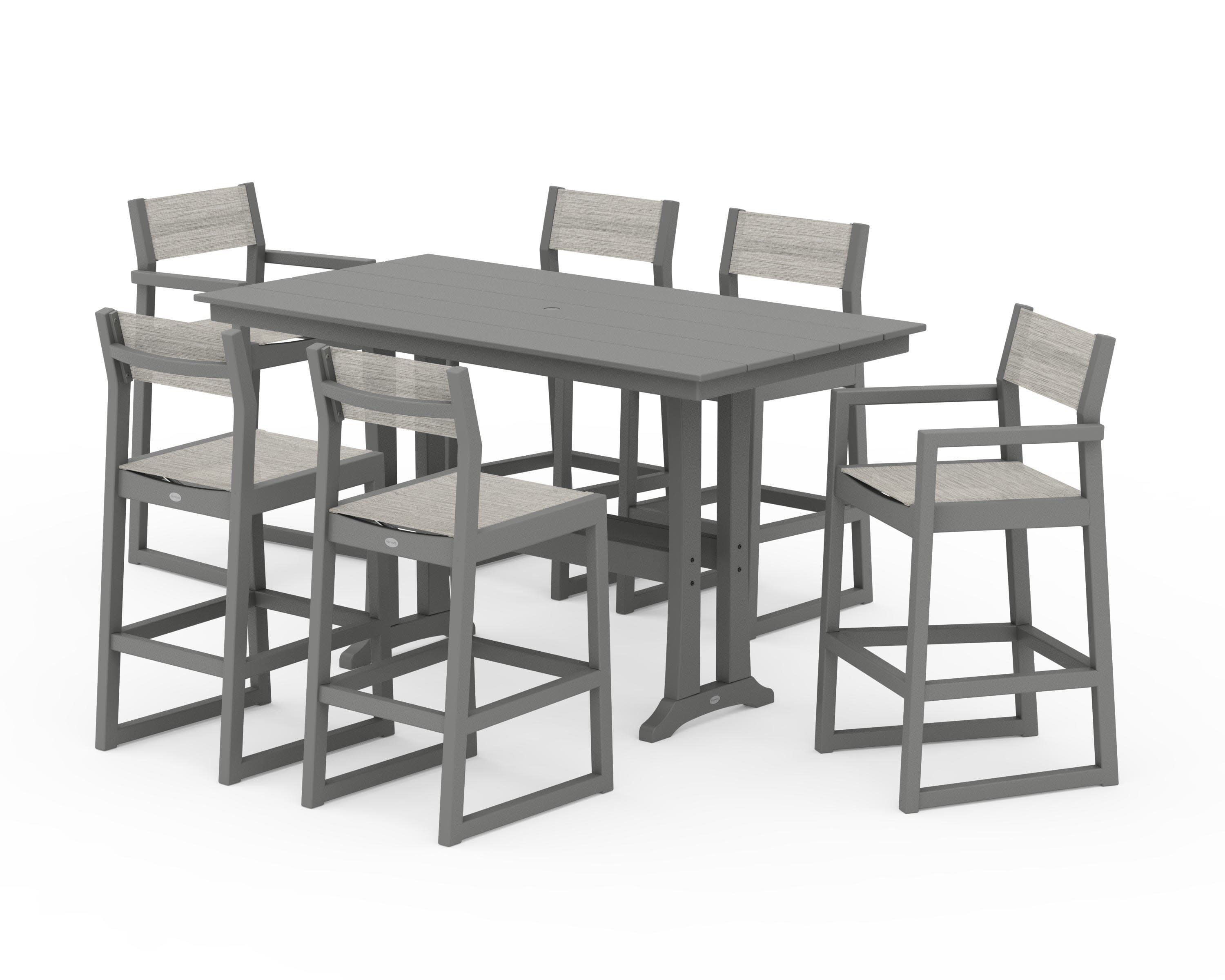 EDGE Sling 7-Piece Farmhouse Bar Set with Trestle Legs in Slate Grey / Birch Sling