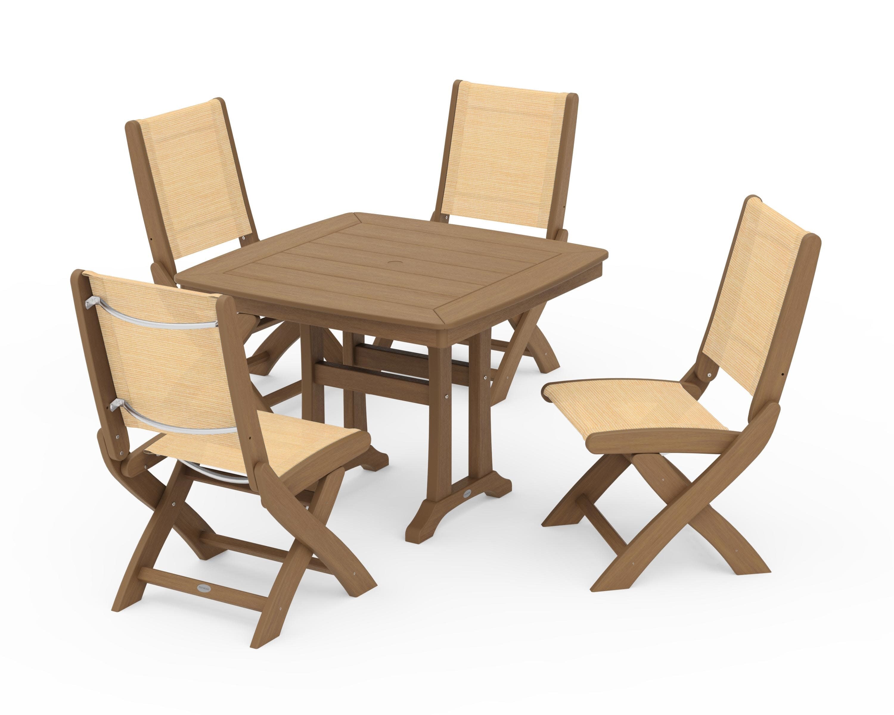 Coastal Folding Side Chair 5-Piece Dining Set with Trestle Legs in Natural / Dupioni Apricot Sling