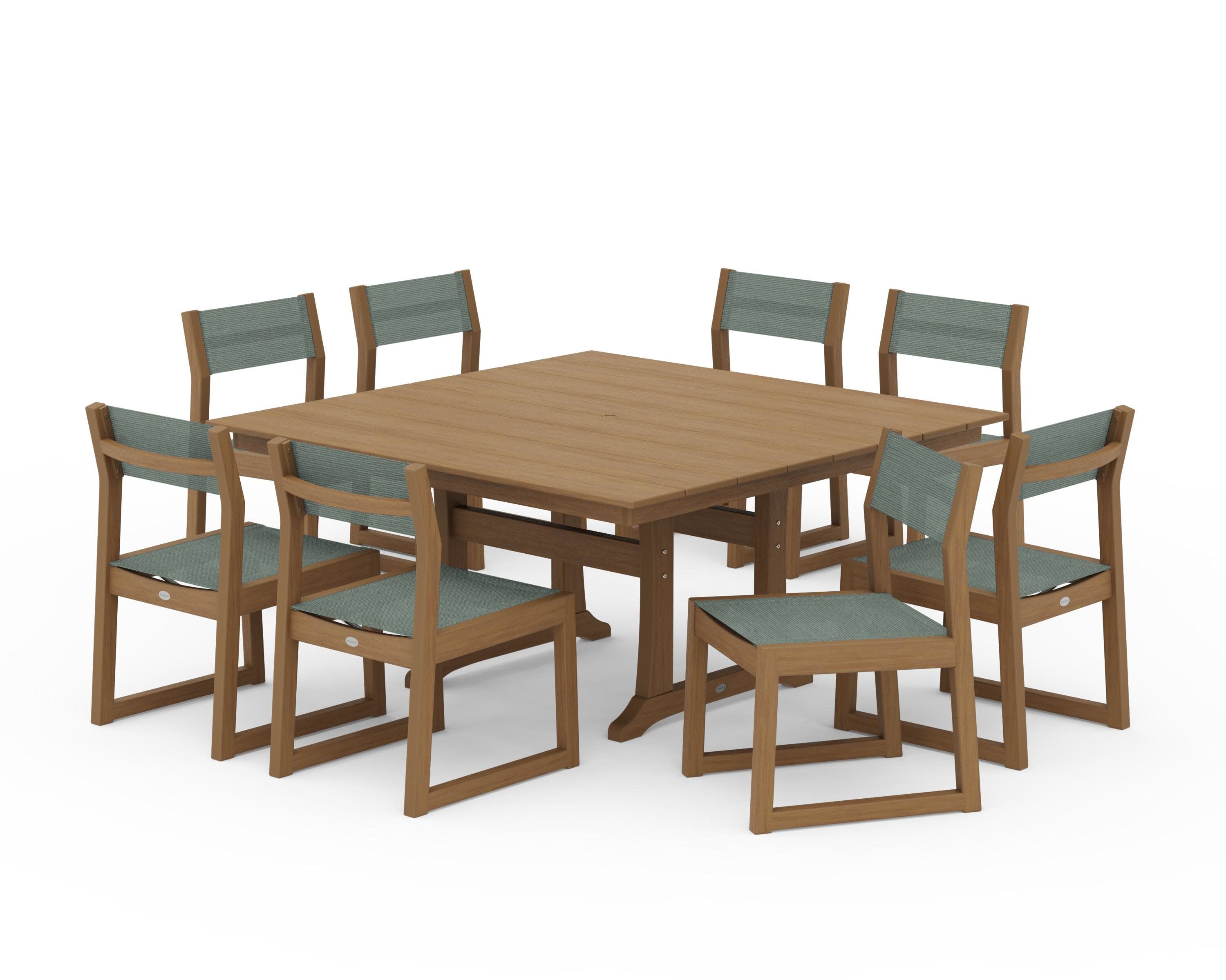 EDGE Sling Side Chair 9-Piece Farmhouse Trestle Dining Set in Natural / Dupioni Sea Mist Sling