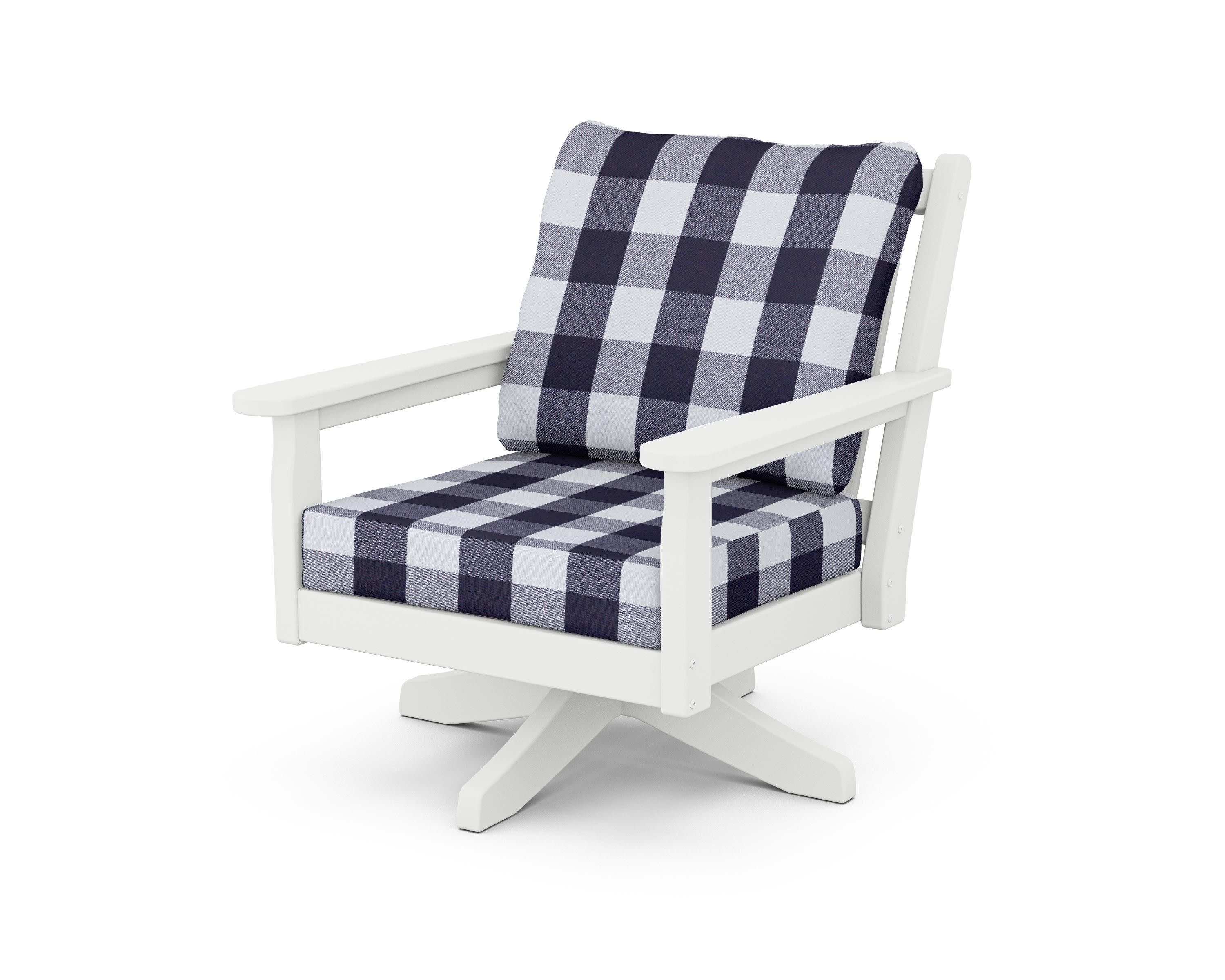 Chippendale Deep Seating Swivel Chair in White / Buffalo Plaid Navy