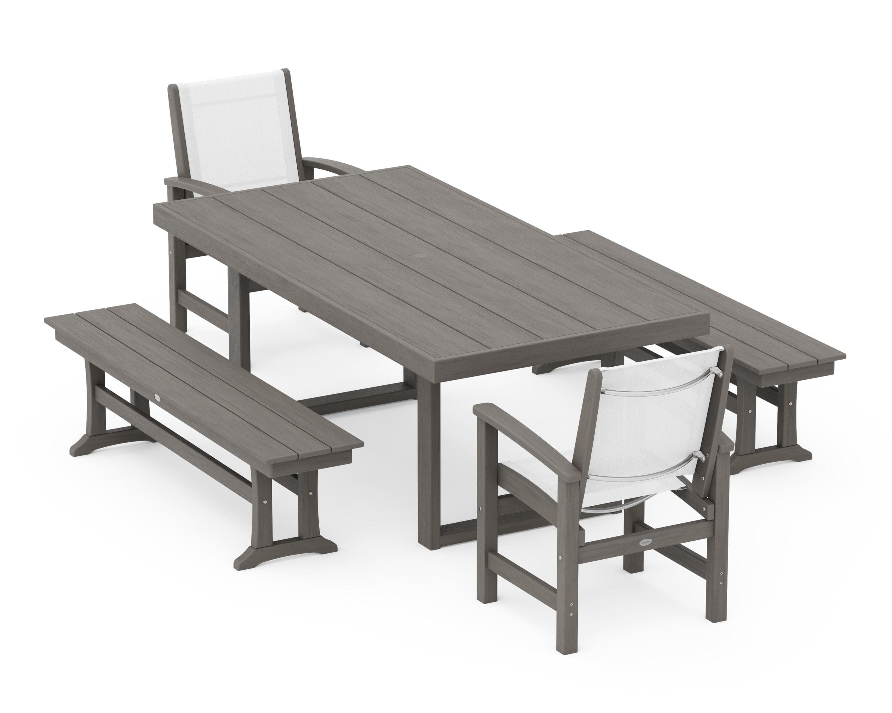 Coastal 5-Piece Dining Set with Trestle Legs in Driftwood / White Sling
