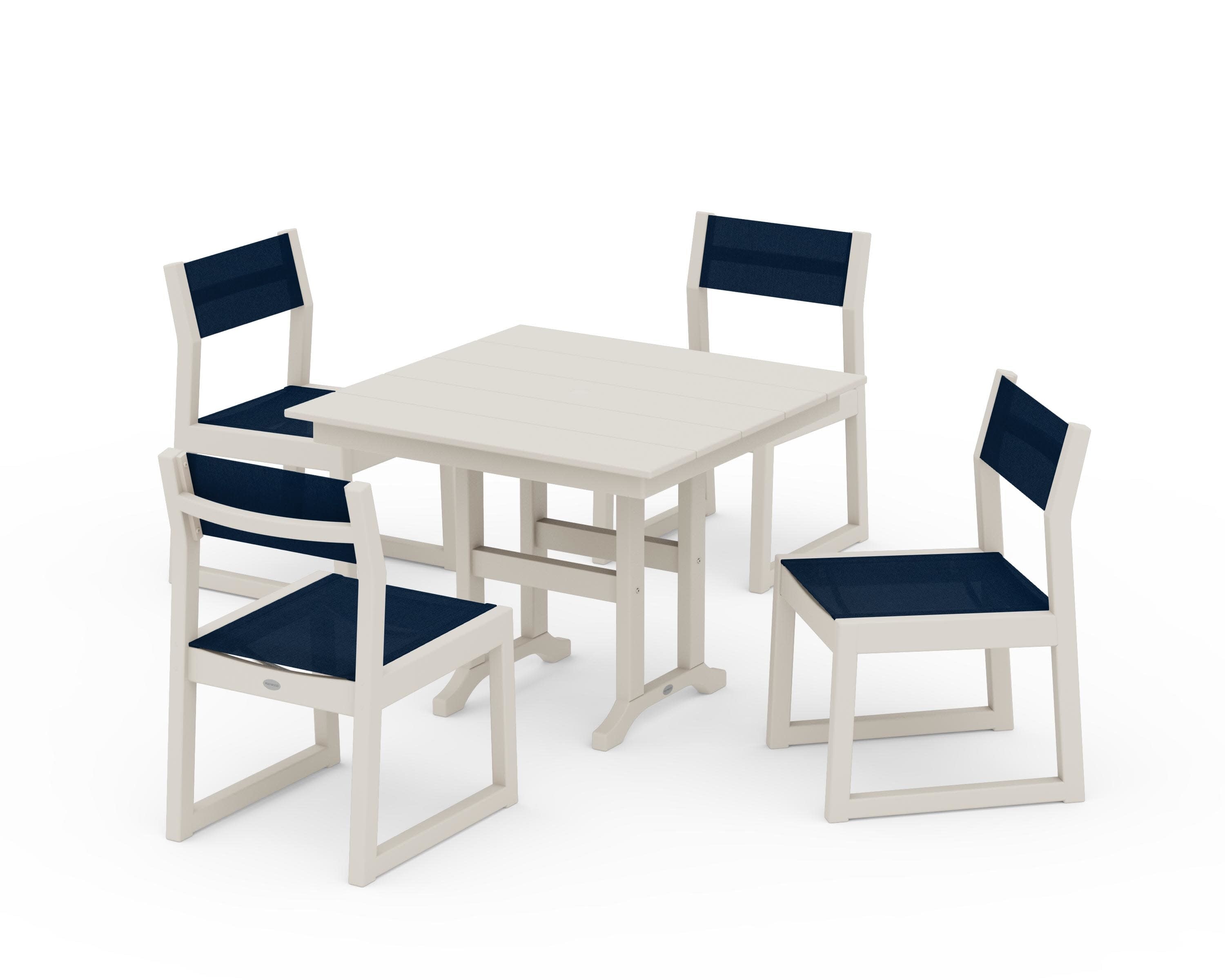 EDGE Sling Side Chair 5-Piece Farmhouse Dining Set in Sand / Navy Blue Sling