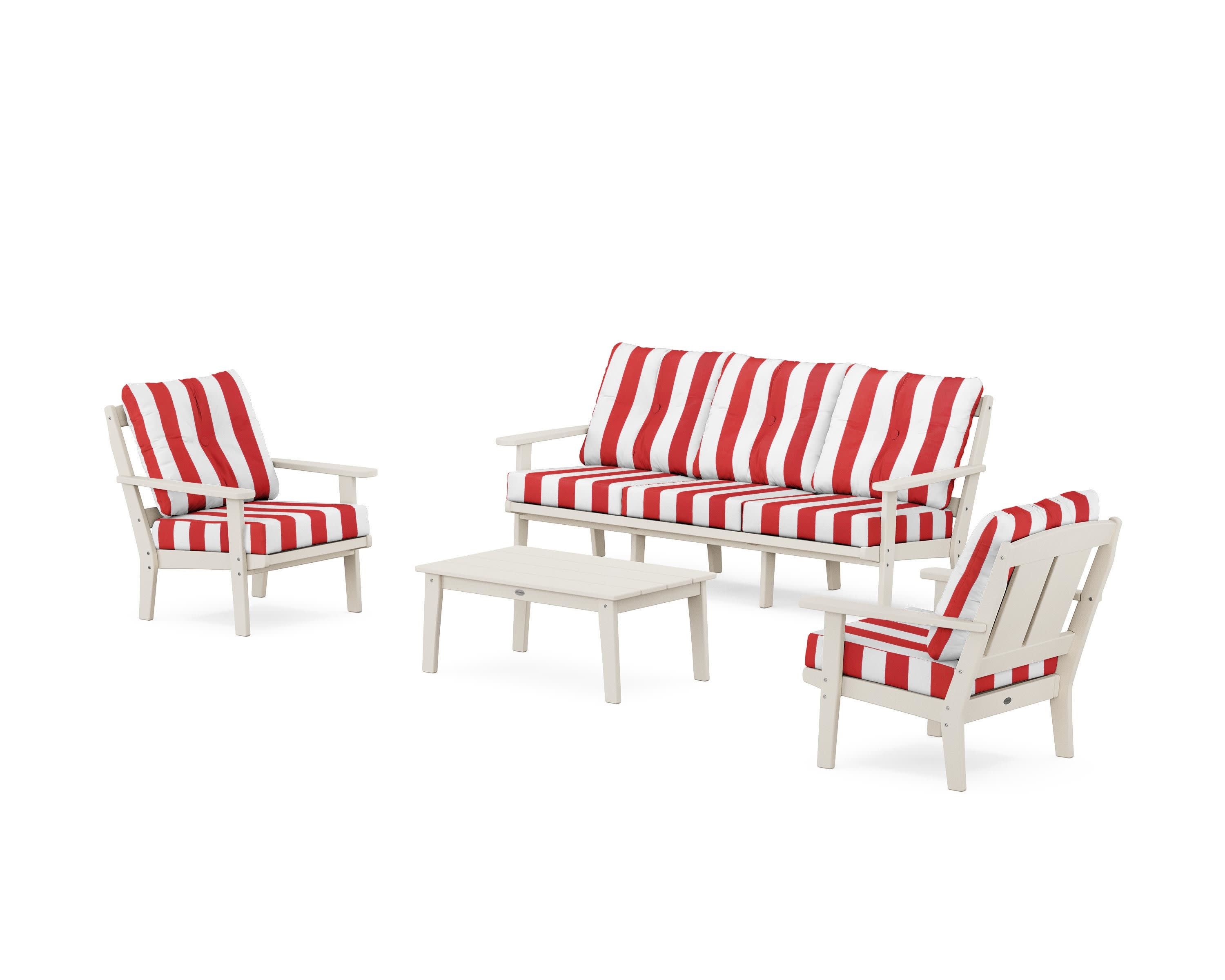 Mission 4-Piece Deep Seating Set with Sofa in Sand / Cabana Stripe Crimson