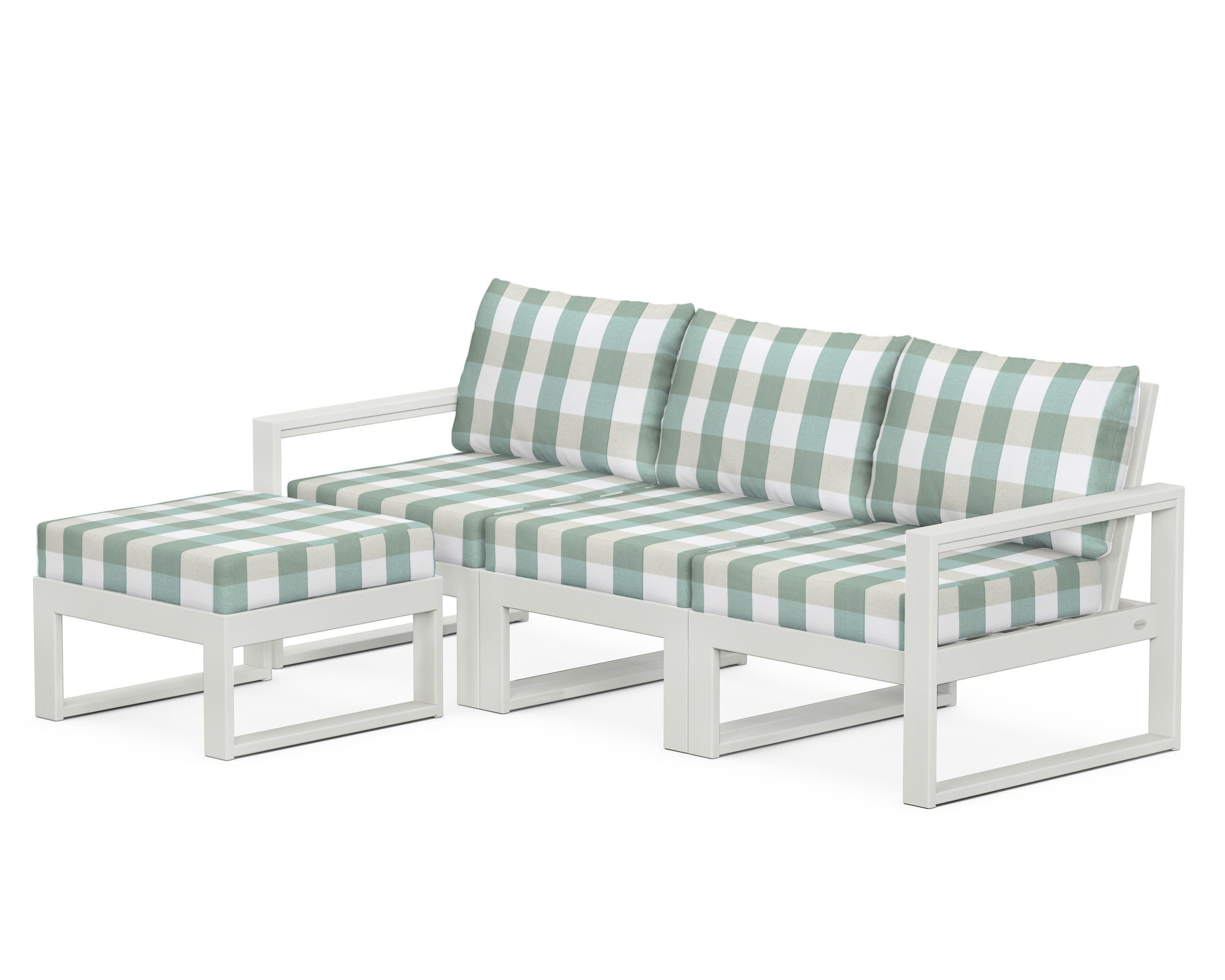 EDGE 4-Piece Modular Deep Seating Set with Ottoman in Vintage White / Buffalo Plaid Glacier Spa