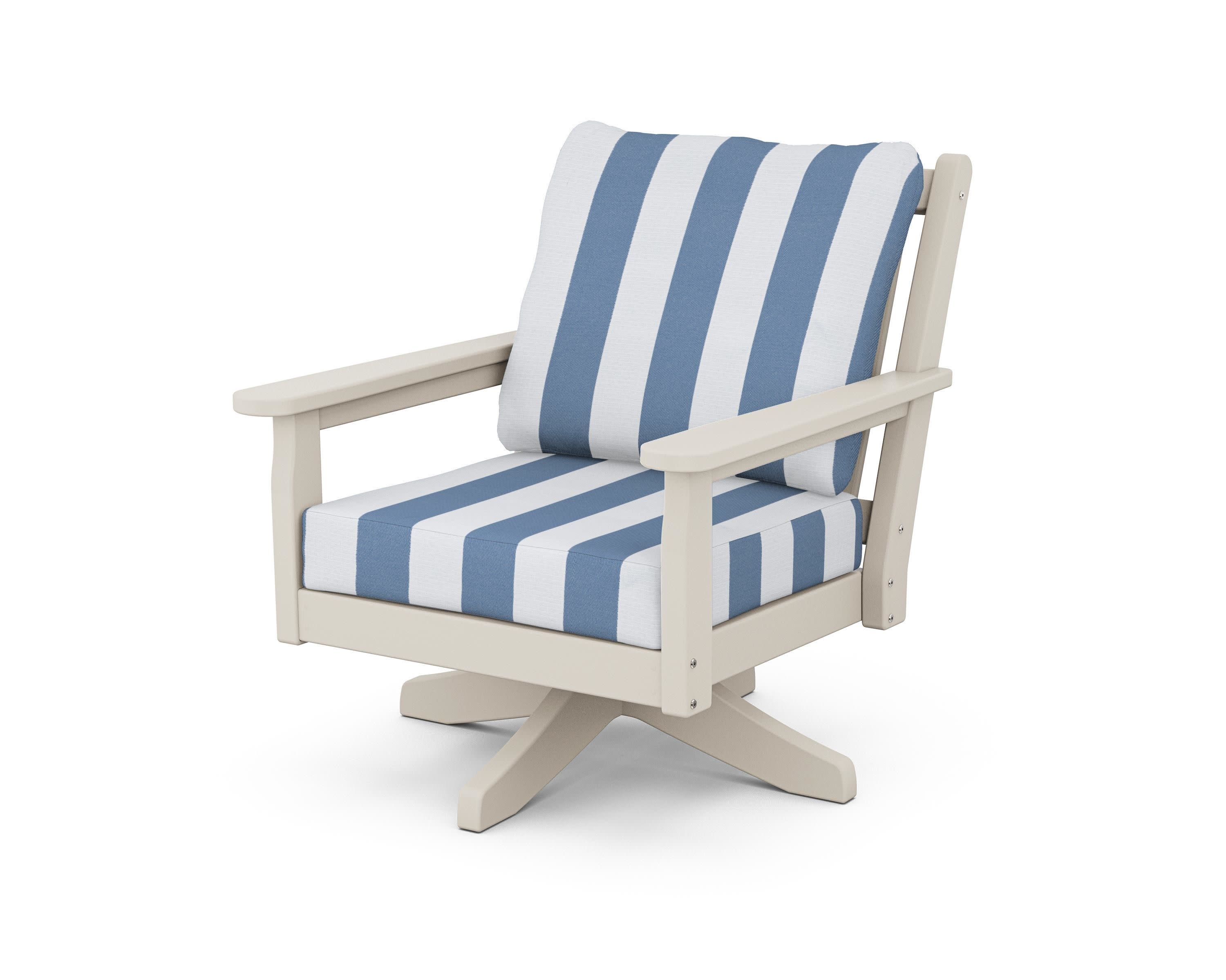 Chippendale Deep Seating Swivel Chair in Sand / Cabana Stripe Sky Blue