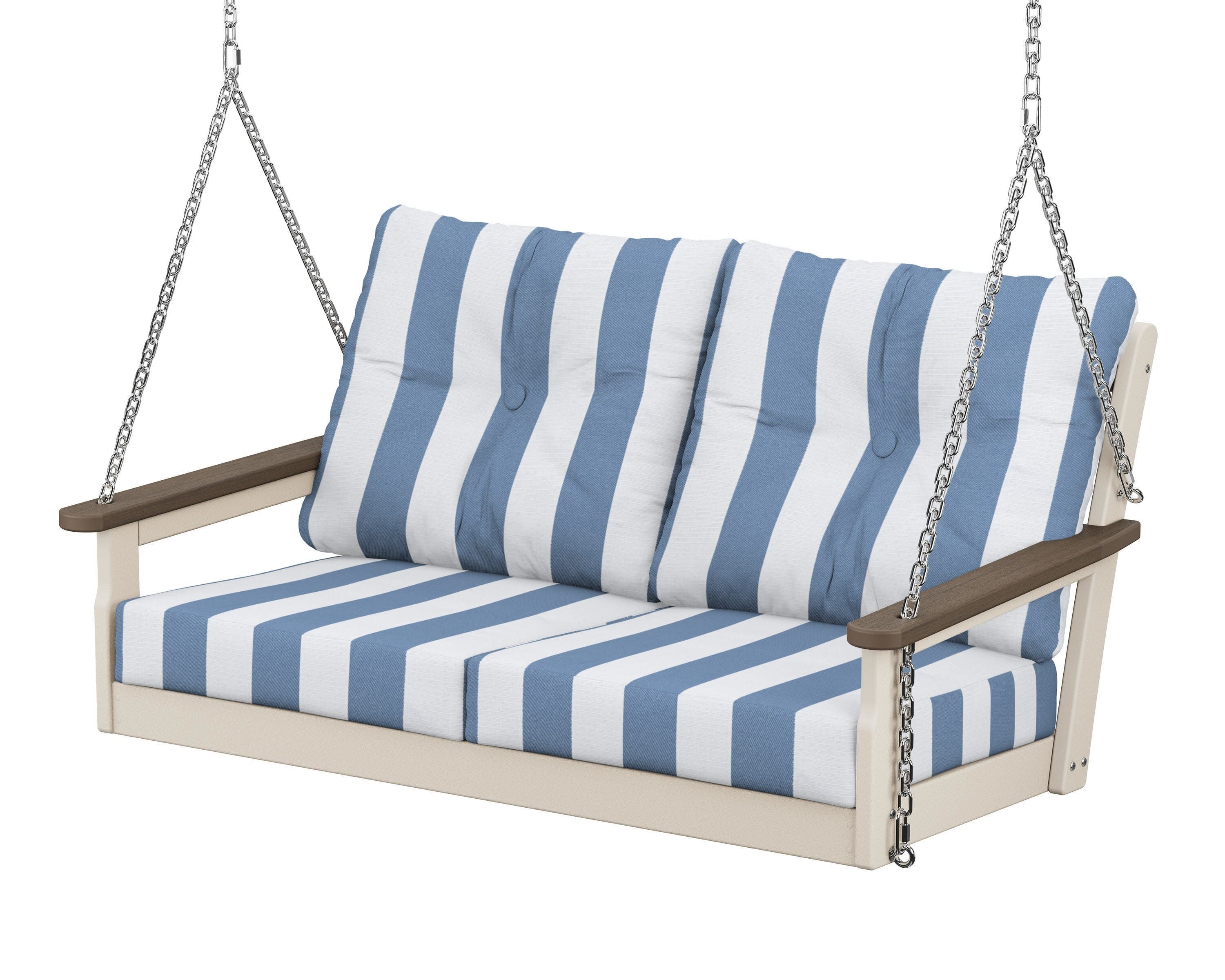 Vineyard Deep Seating Swing in Sand / Kona / Cabana Stripe Sky Blue