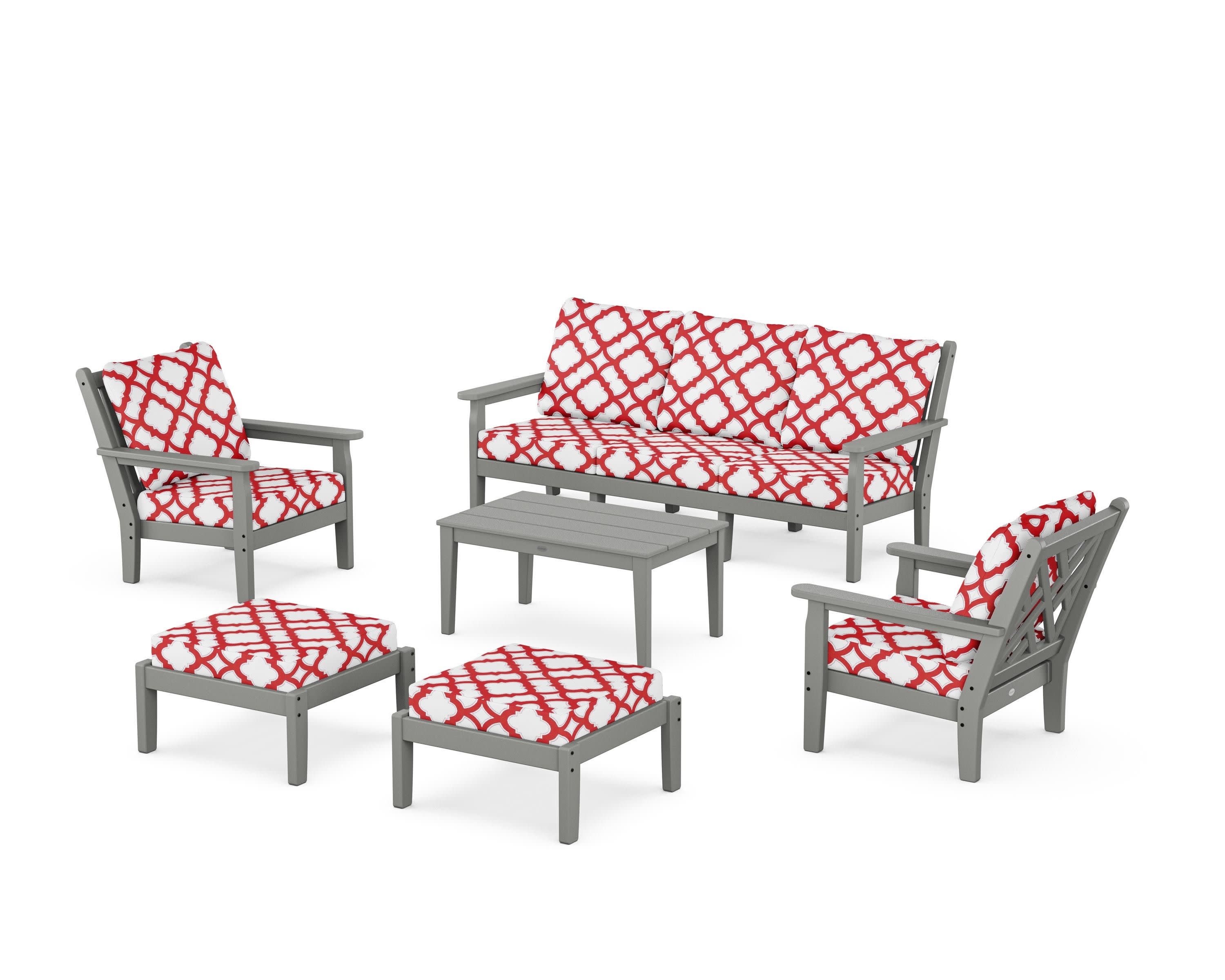 Chippendale 6-Piece Lounge Sofa Set in Slate Grey / Trellis Crimson