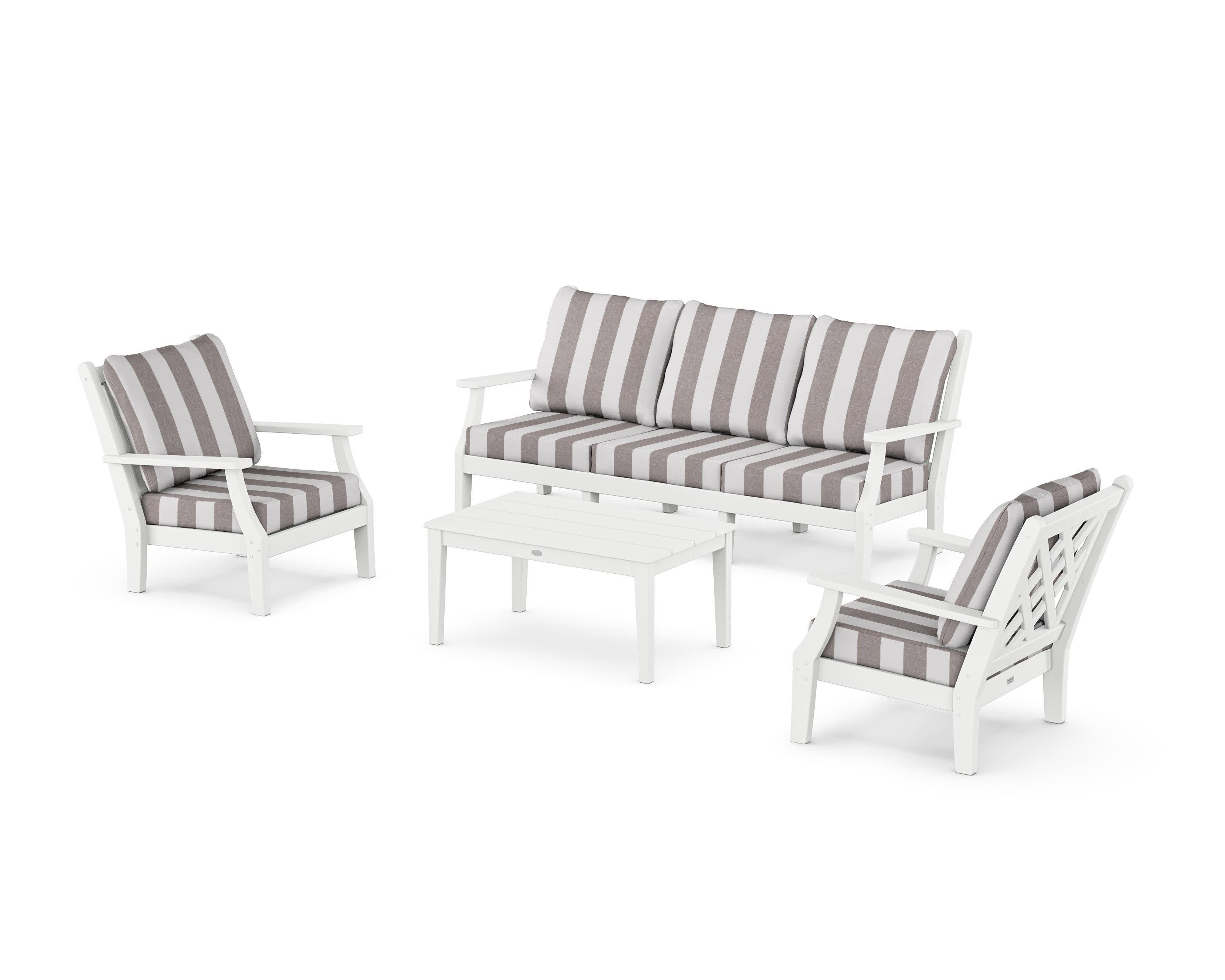 Wovendale 4-Piece Deep Seating Set with Sofa in White / Cabana Stripe Grey Mist
