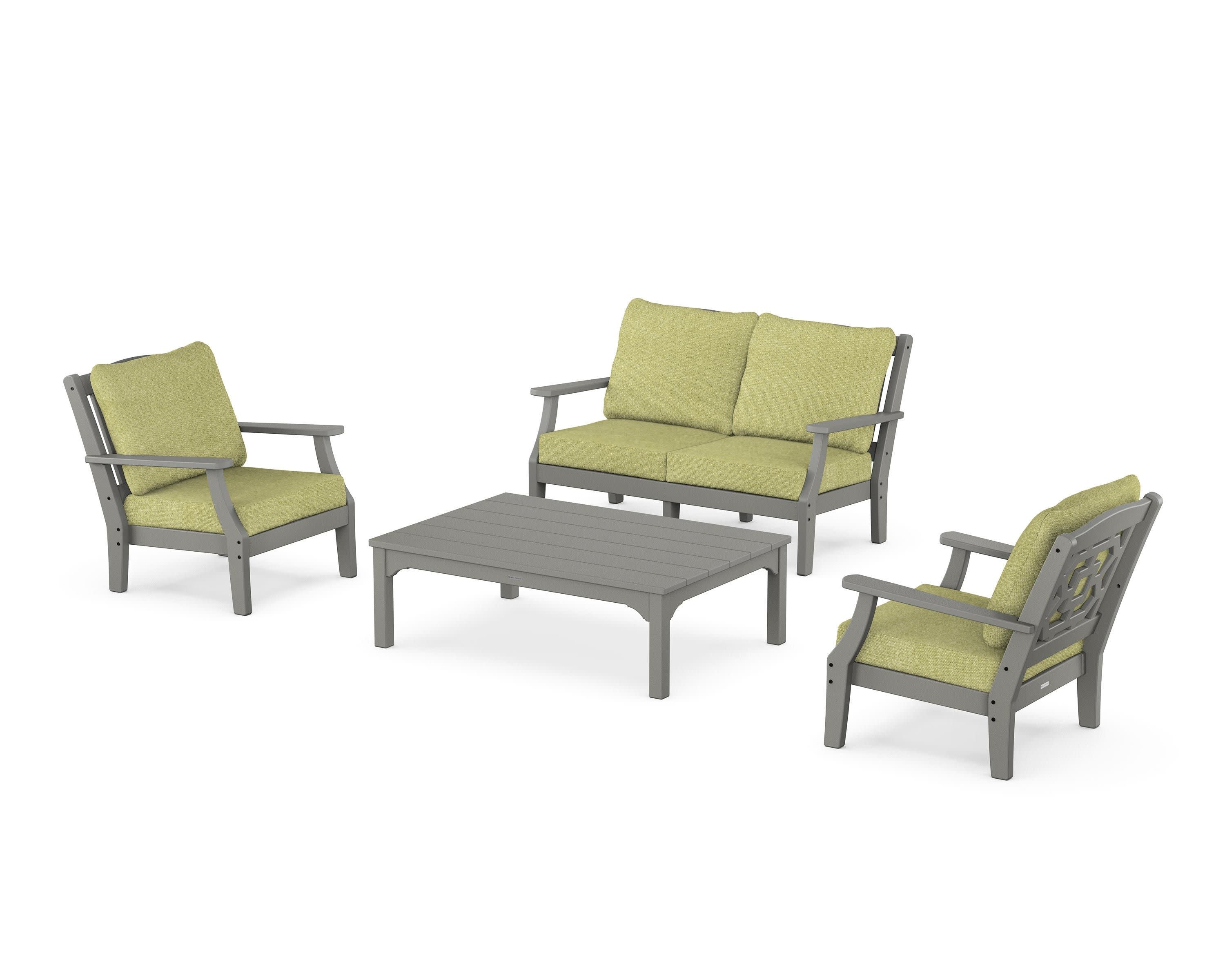 Chinoiserie 4-Piece Deep Seating Set with Loveseat in Slate Grey / Chartreuse Boucle