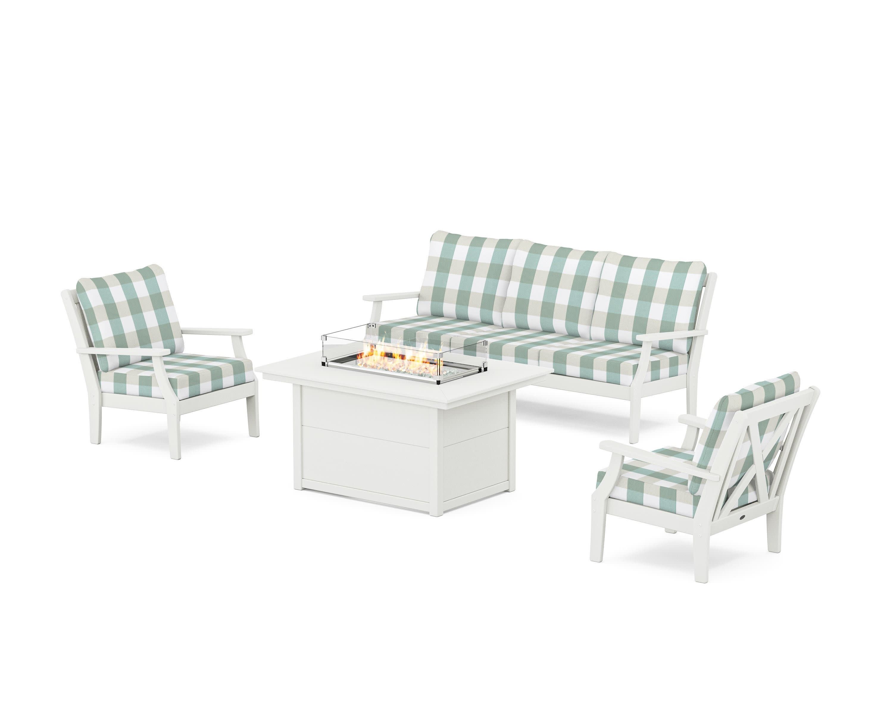 Braxton Deep Seating Fire Pit Table Set in Vintage White / Buffalo Plaid Glacier Spa