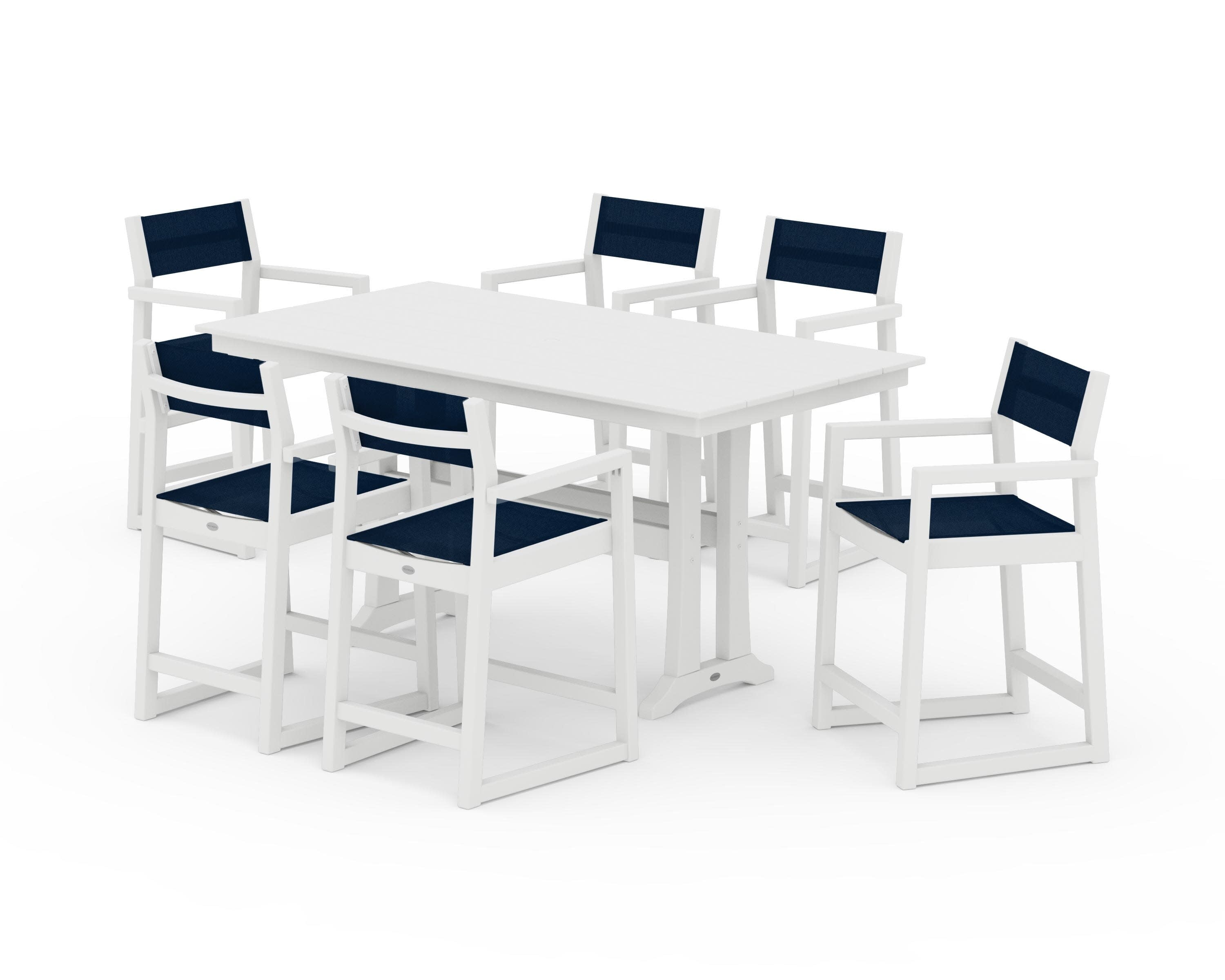 EDGE Sling Arm Chair 7-Piece Farmhouse Counter Set with Trestle Legs in White / Navy Blue Sling