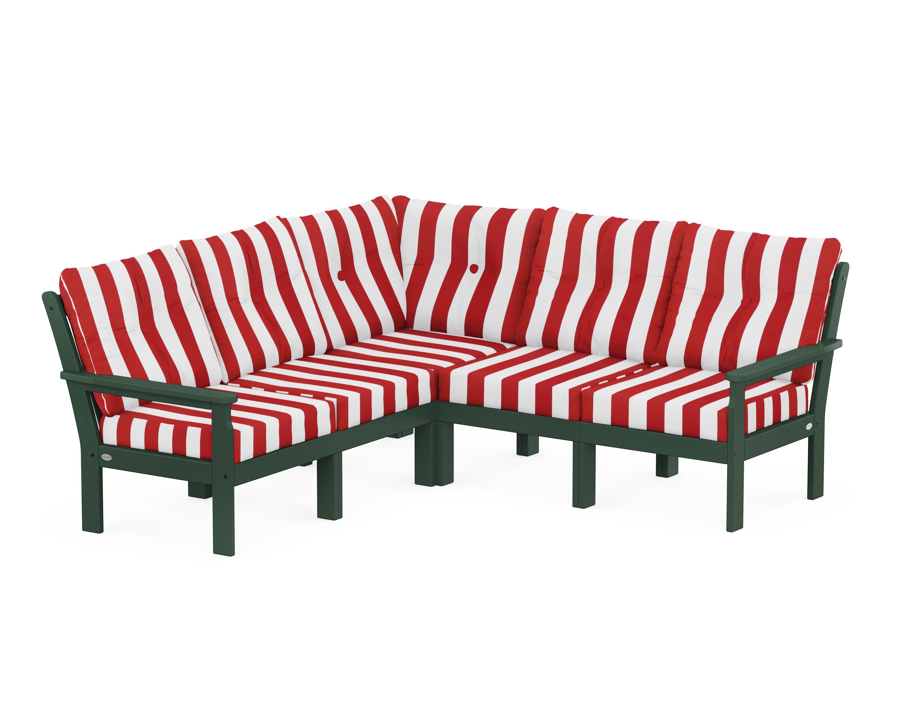 Vineyard 5-Piece Sectional in Green / Cabana Stripe Crimson