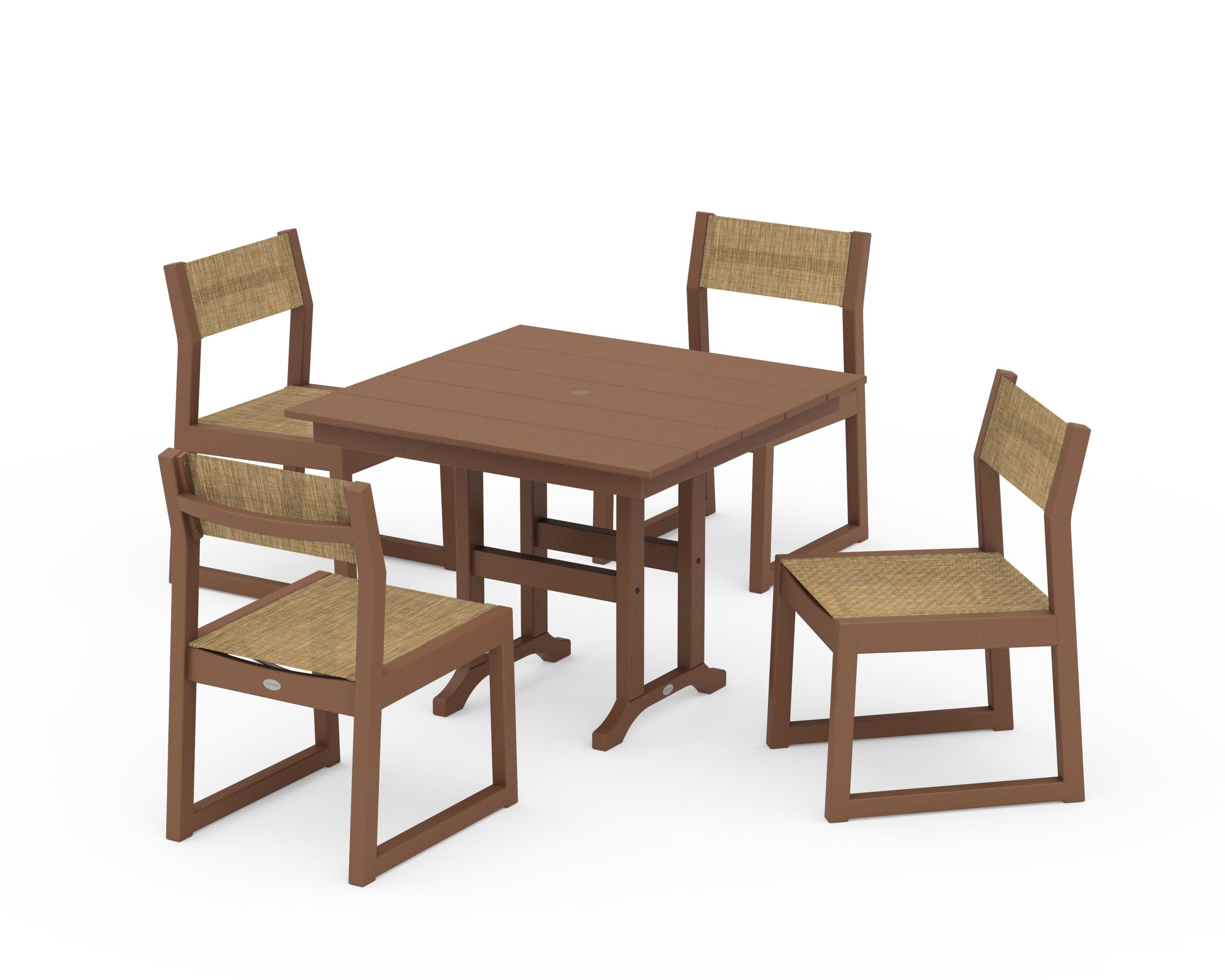 EDGE Sling Side Chair 5-Piece Farmhouse Dining Set in Teak / Burlap Sling