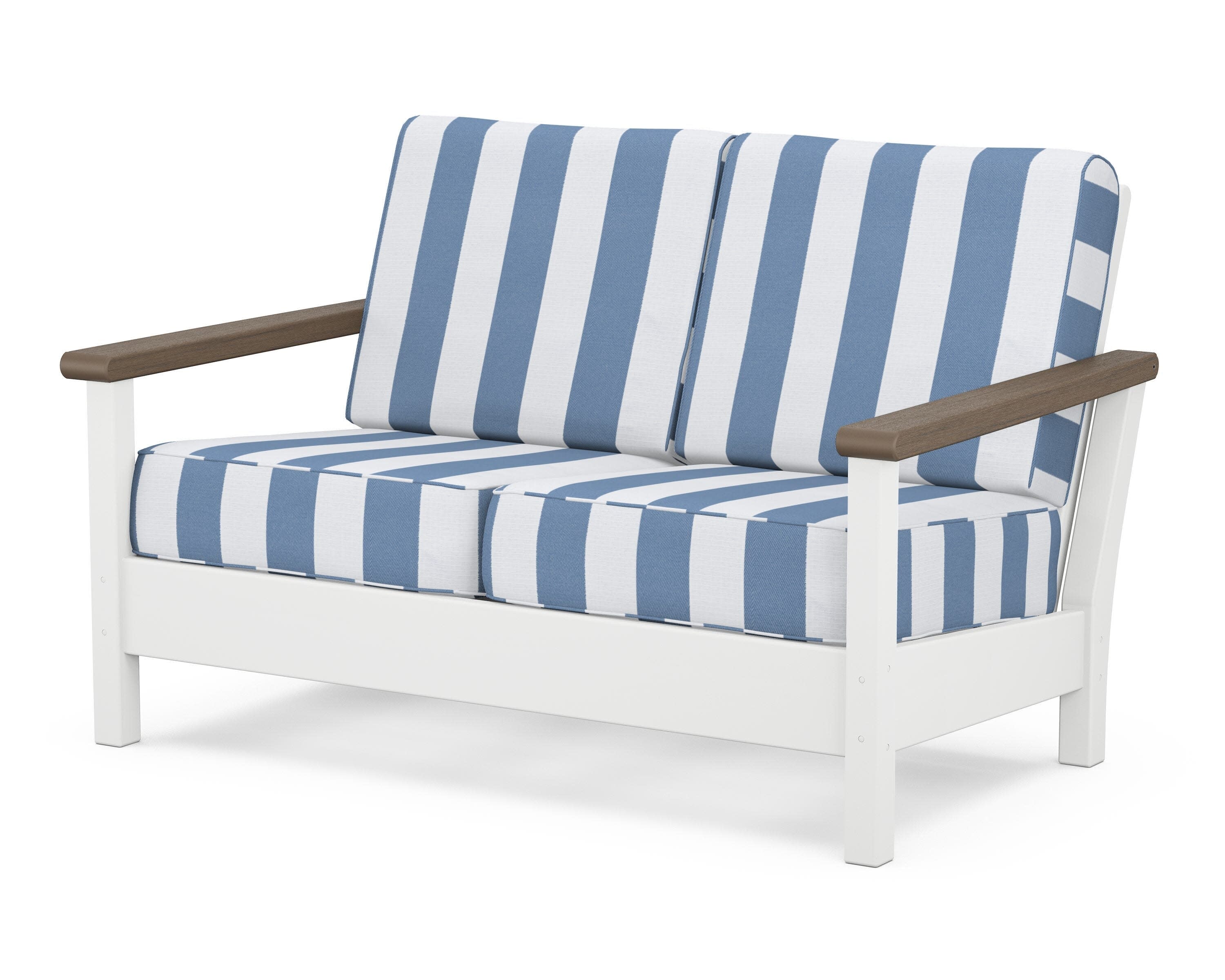 Harbour Deep Seating Loveseat in White / Kona / Cabana Stripe Sky Blue