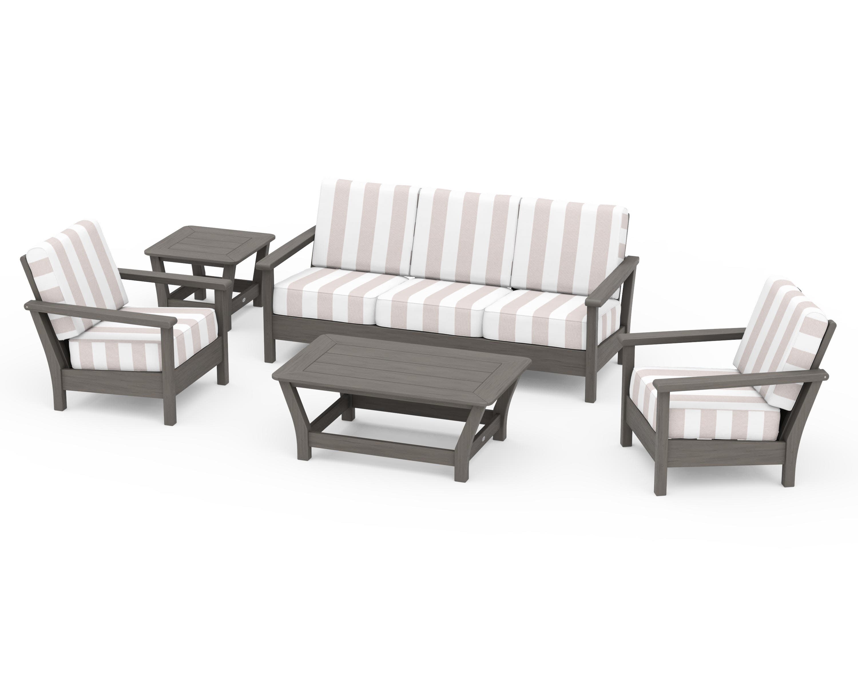 Harbour 5-Piece Deep Seating Set in Driftwood / Cabana Stripe Dune Burlap
