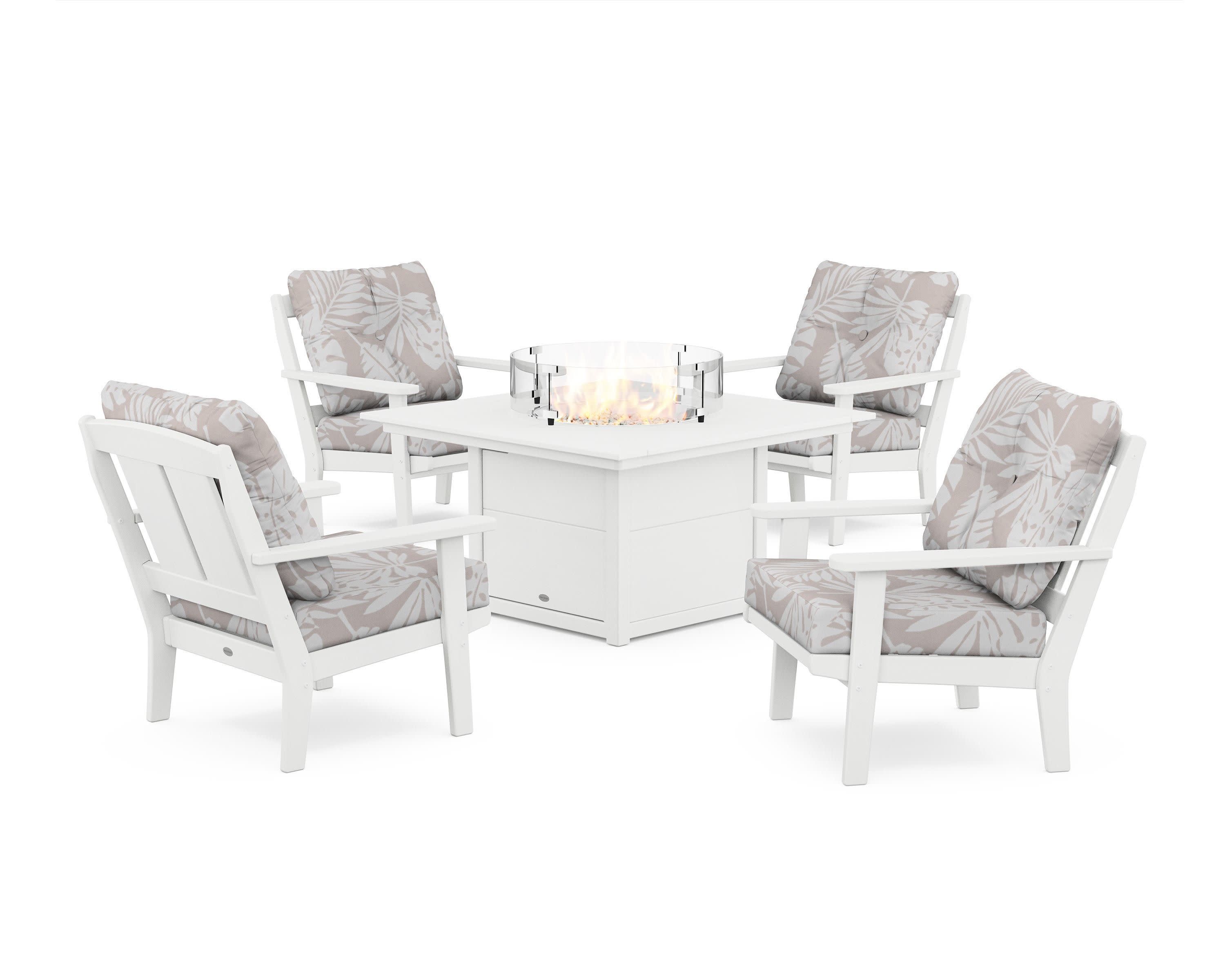 Mission 5-Piece Deep Seating Set with Fire Pit Table in White / Leaf Dune Burlap