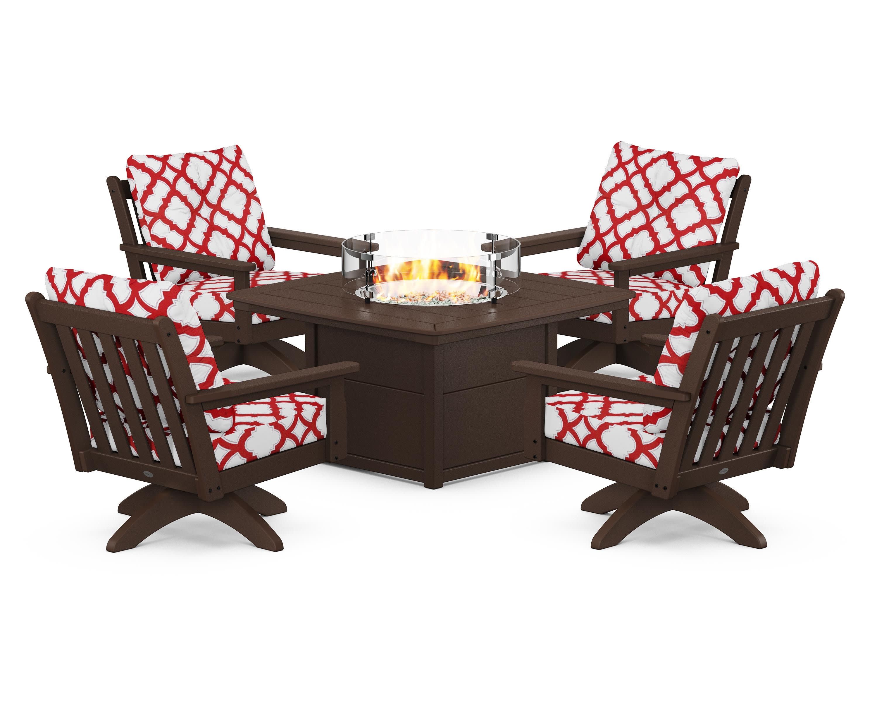 Vineyard 5-Piece Deep Seating Swivel Conversation Set with Fire Pit Table in Mahogany / Trellis Crimson