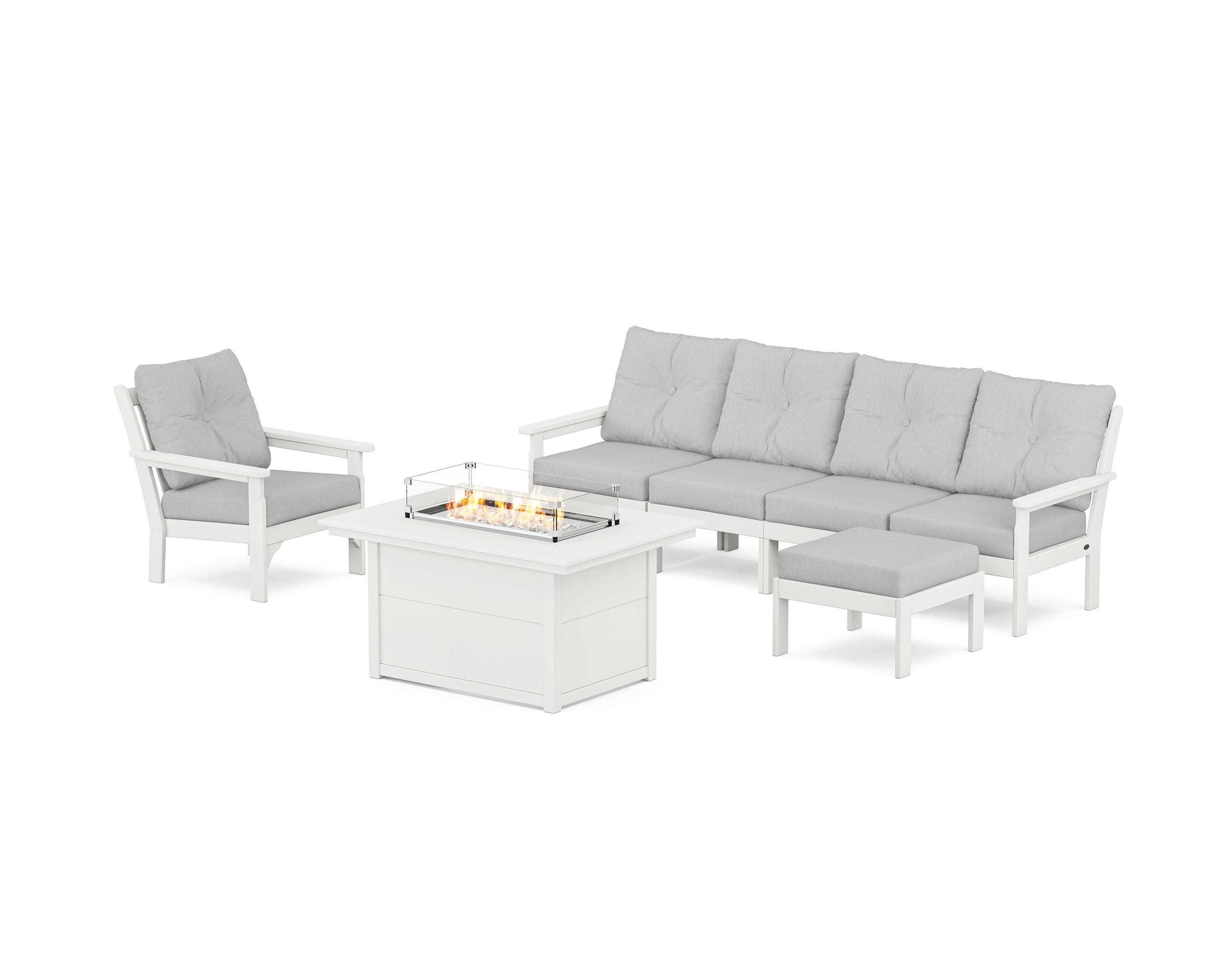 Vineyard Sectional Lounge and Fire Pit Set in Vintage White / Granite
