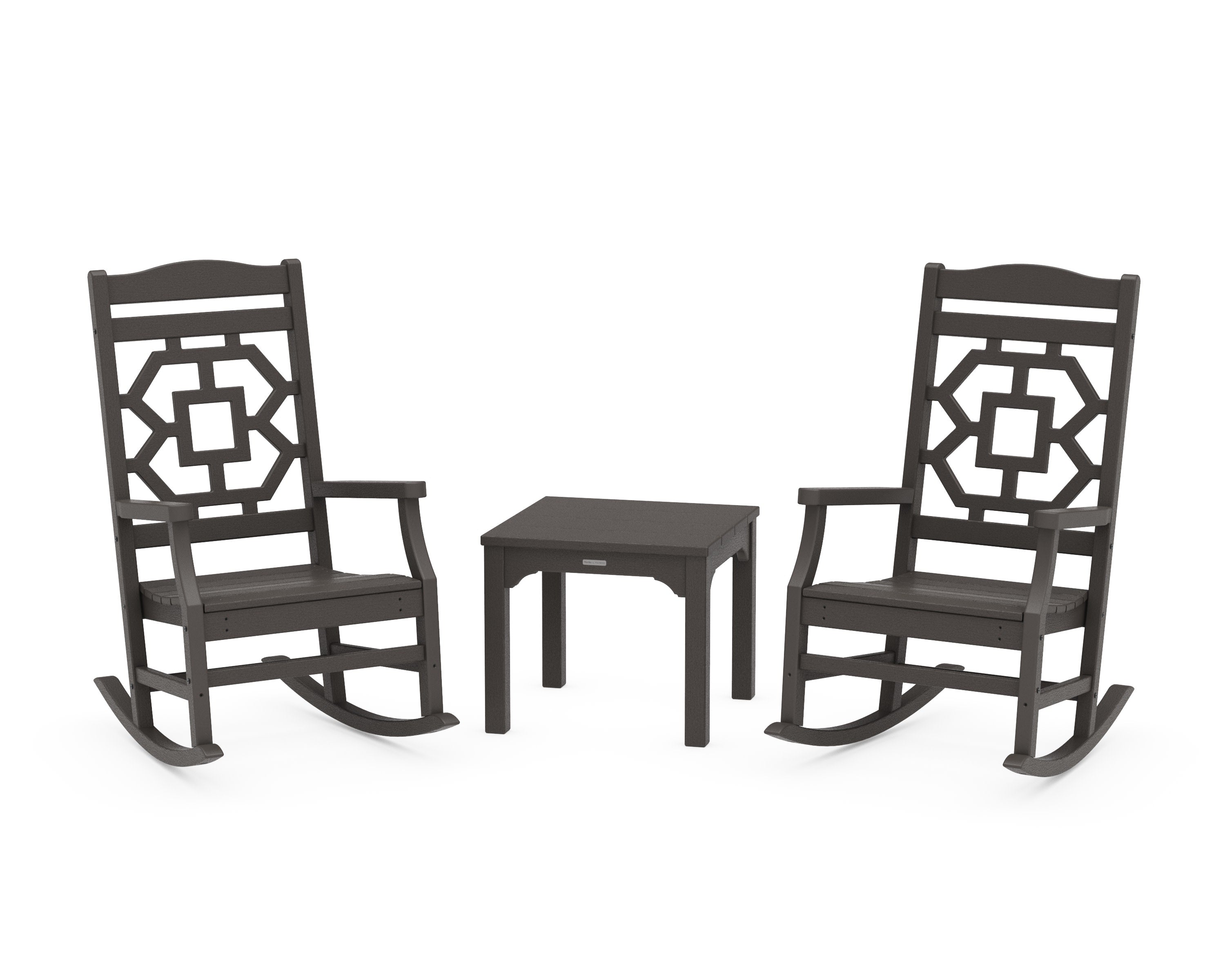 Chinoiserie 3-Piece Rocking Chair Set in Vintage Coffee
