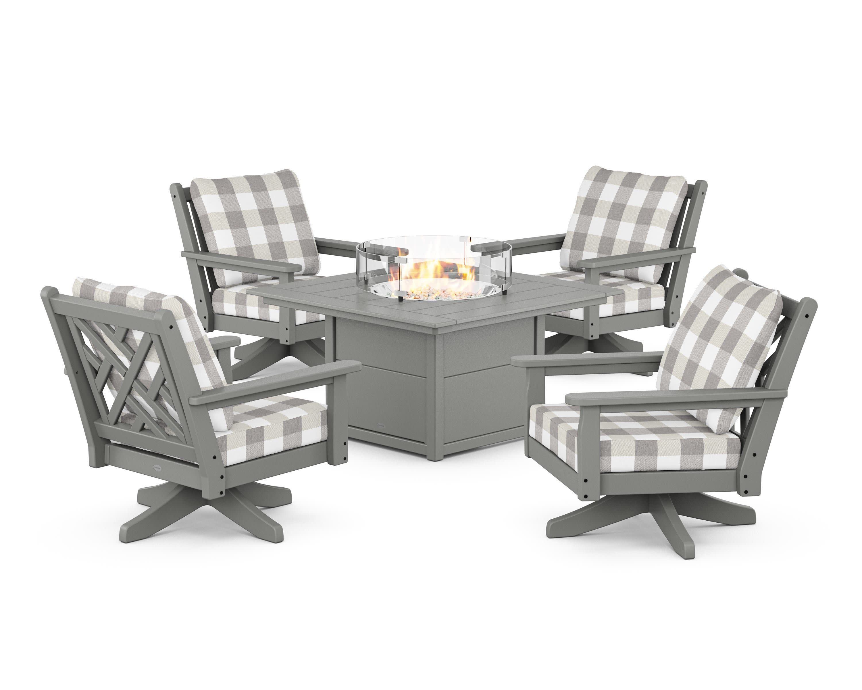 Chippendale 5-Piece Deep Seating Swivel Conversation Set with Fire Pit Table in Slate Grey / Buffalo Plaid Grey Mist