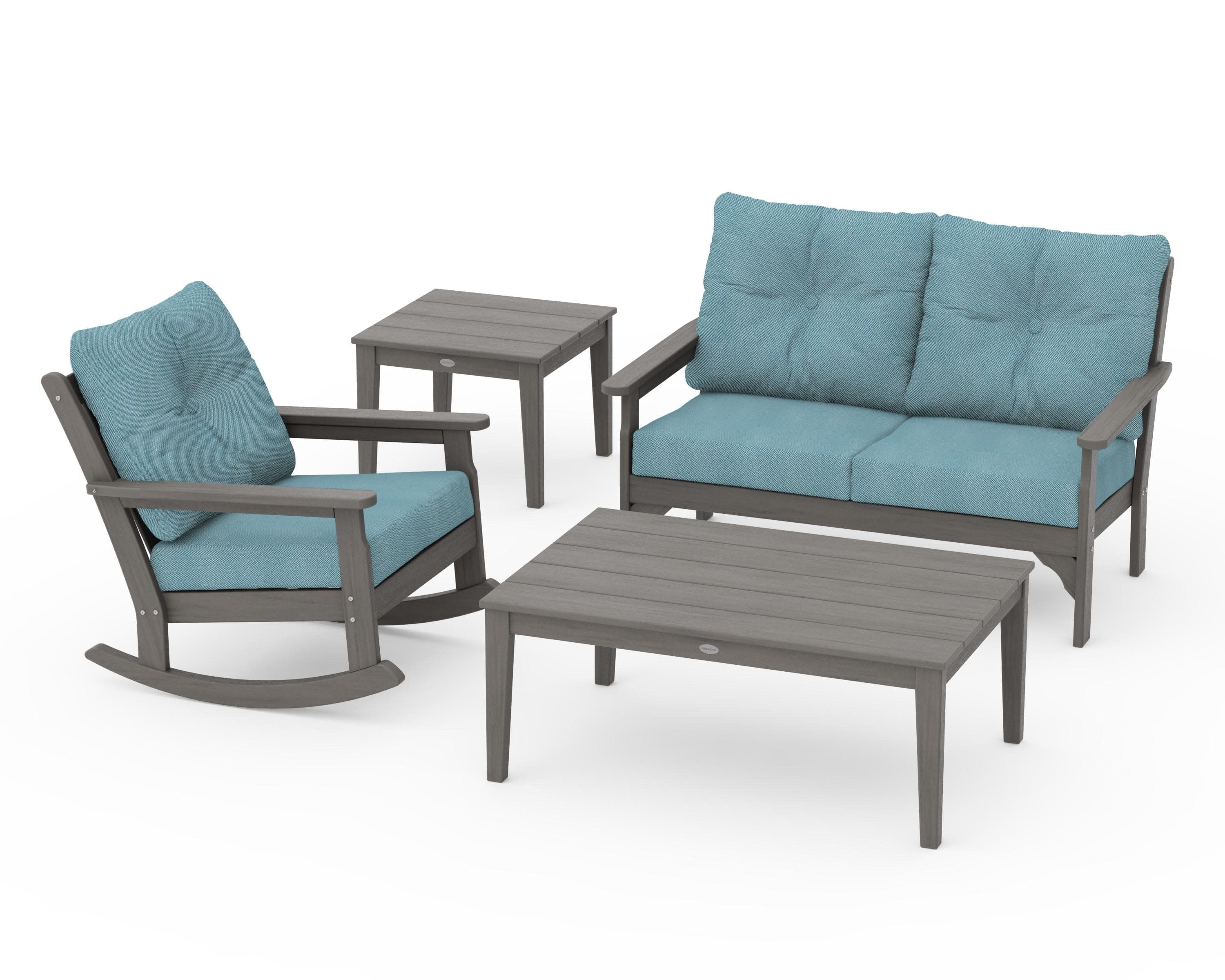 Vineyard 4-Piece Deep Seating Rocker Set in Driftwood / Lattice Sky Blue