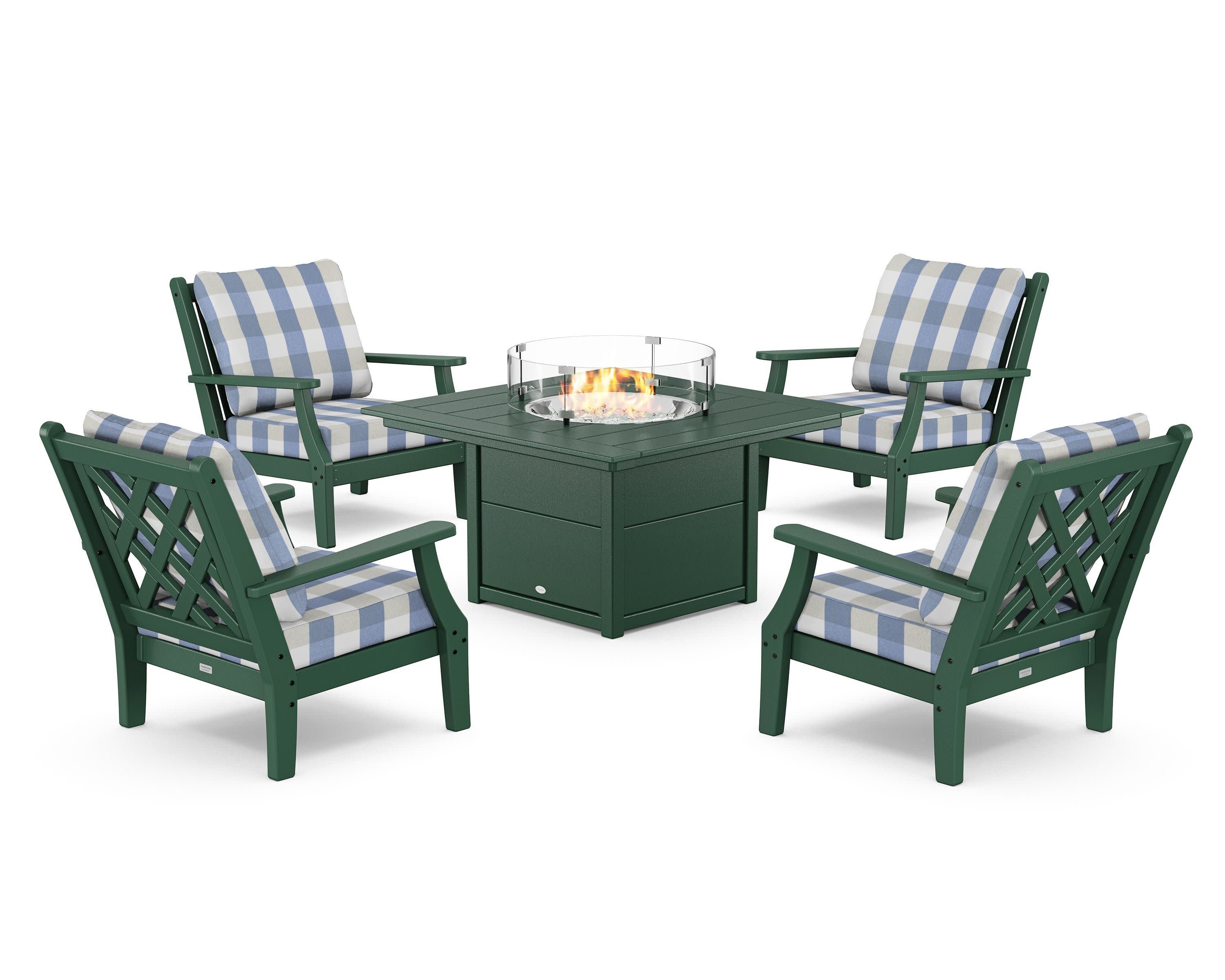 Wovendale 5-Piece Deep Seating Set with Fire Pit Table in Green / Buffalo Plaid Sky Blue