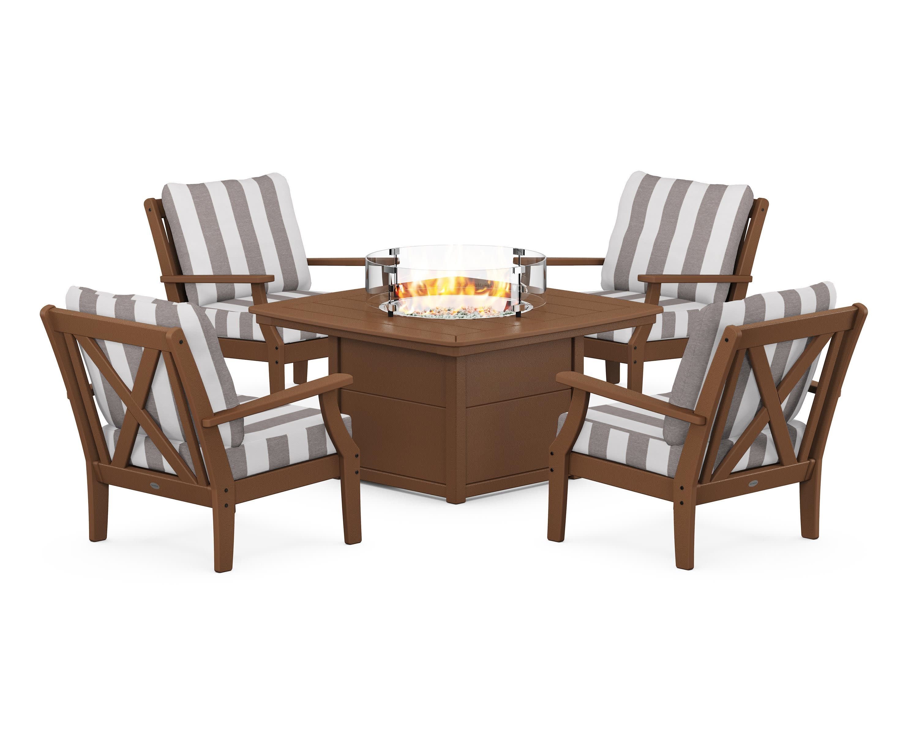 Braxton 5-Piece Deep Seating Conversation Set with Fire Pit Table in Teak / Cabana Stripe Grey Mist