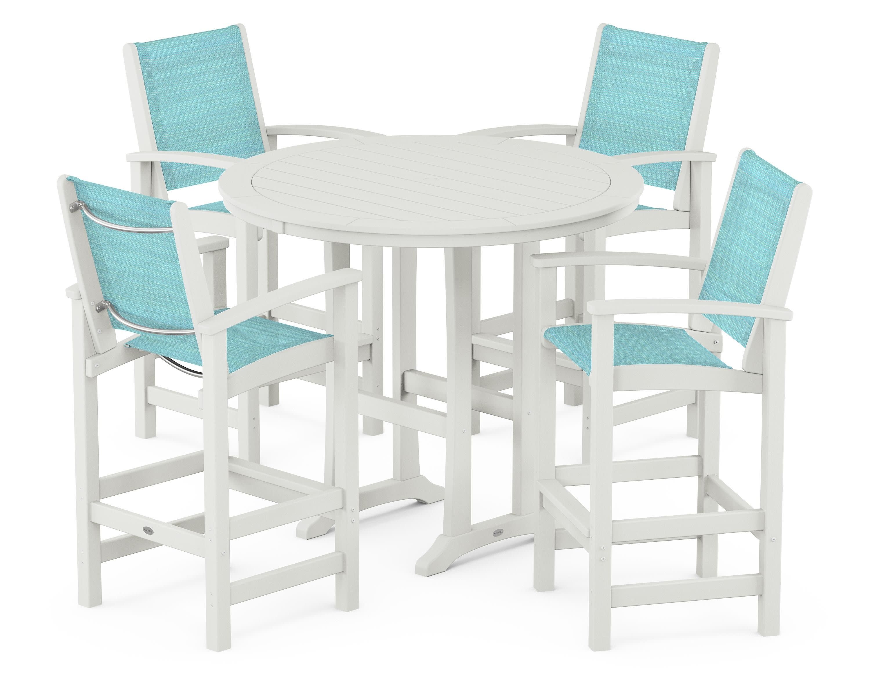 Coastal 5-Piece Nautical Trestle Bar Set in Vintage White / Dupioni Aquamarine Sling