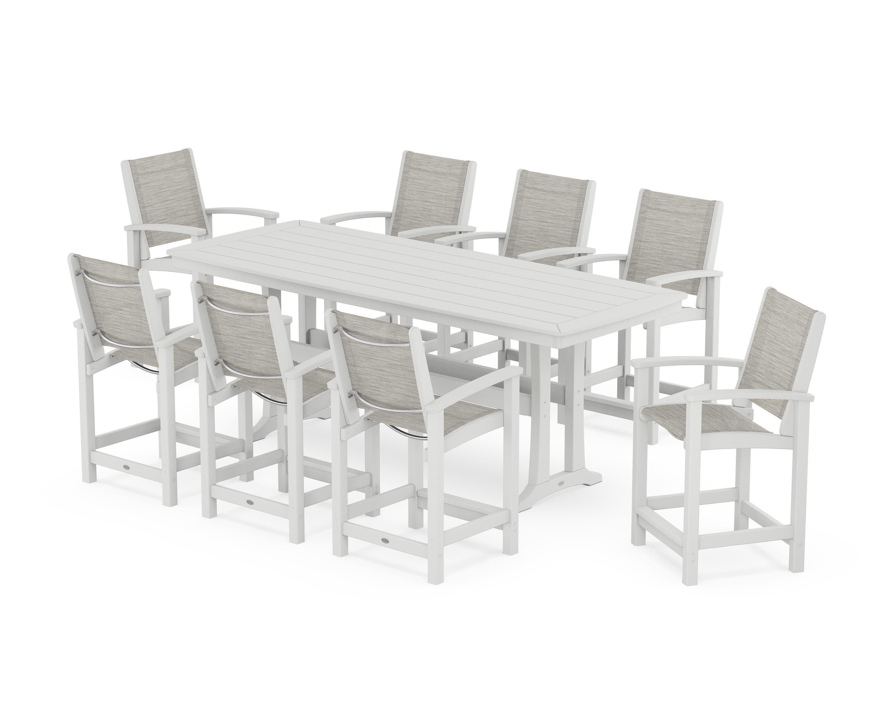 Coastal 9-Piece Counter Set with Trestle Legs in White / Birch Sling