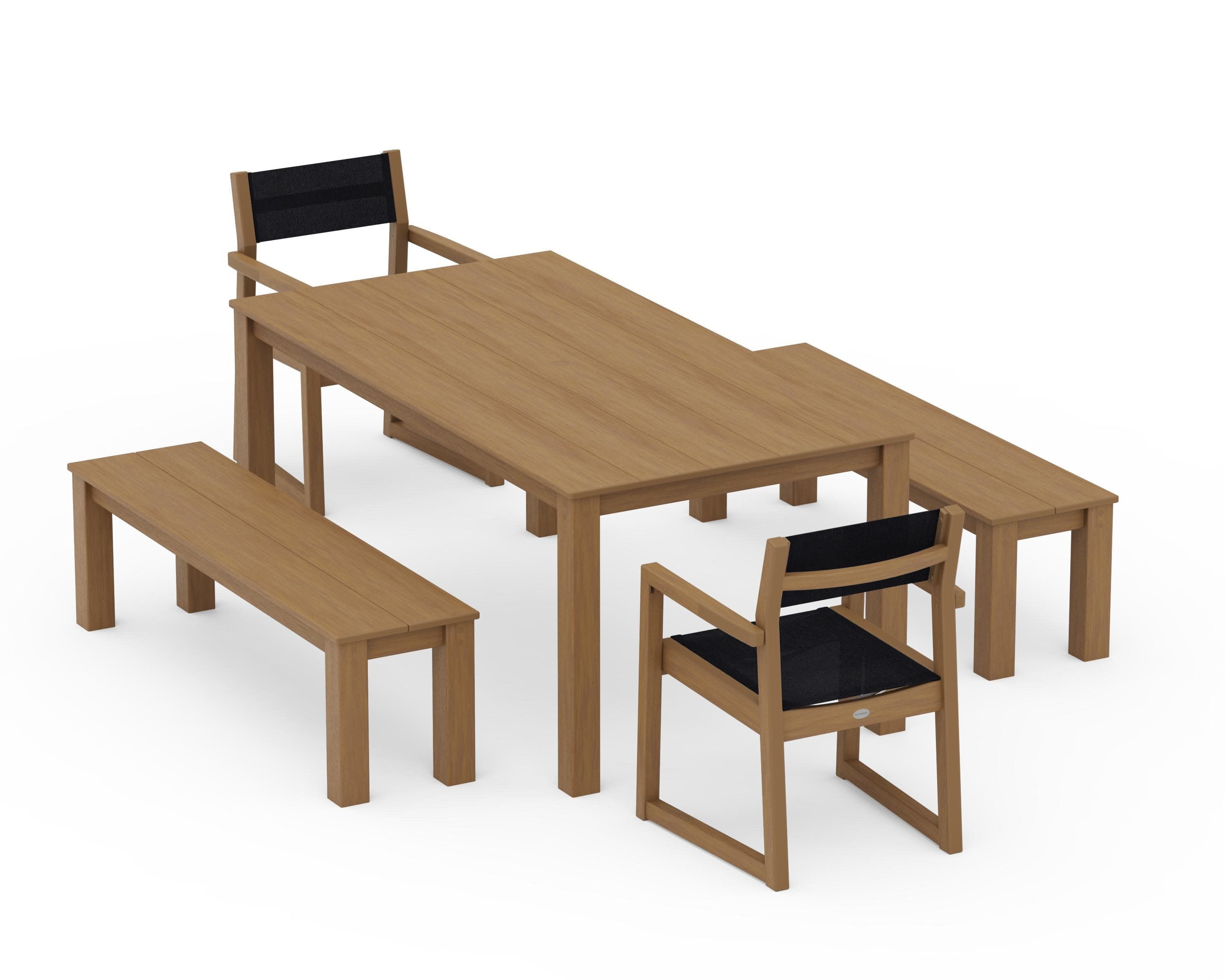 EDGE Sling Arm Chair 5-Piece Parsons Dining Set with Benches in Natural / Black Sling