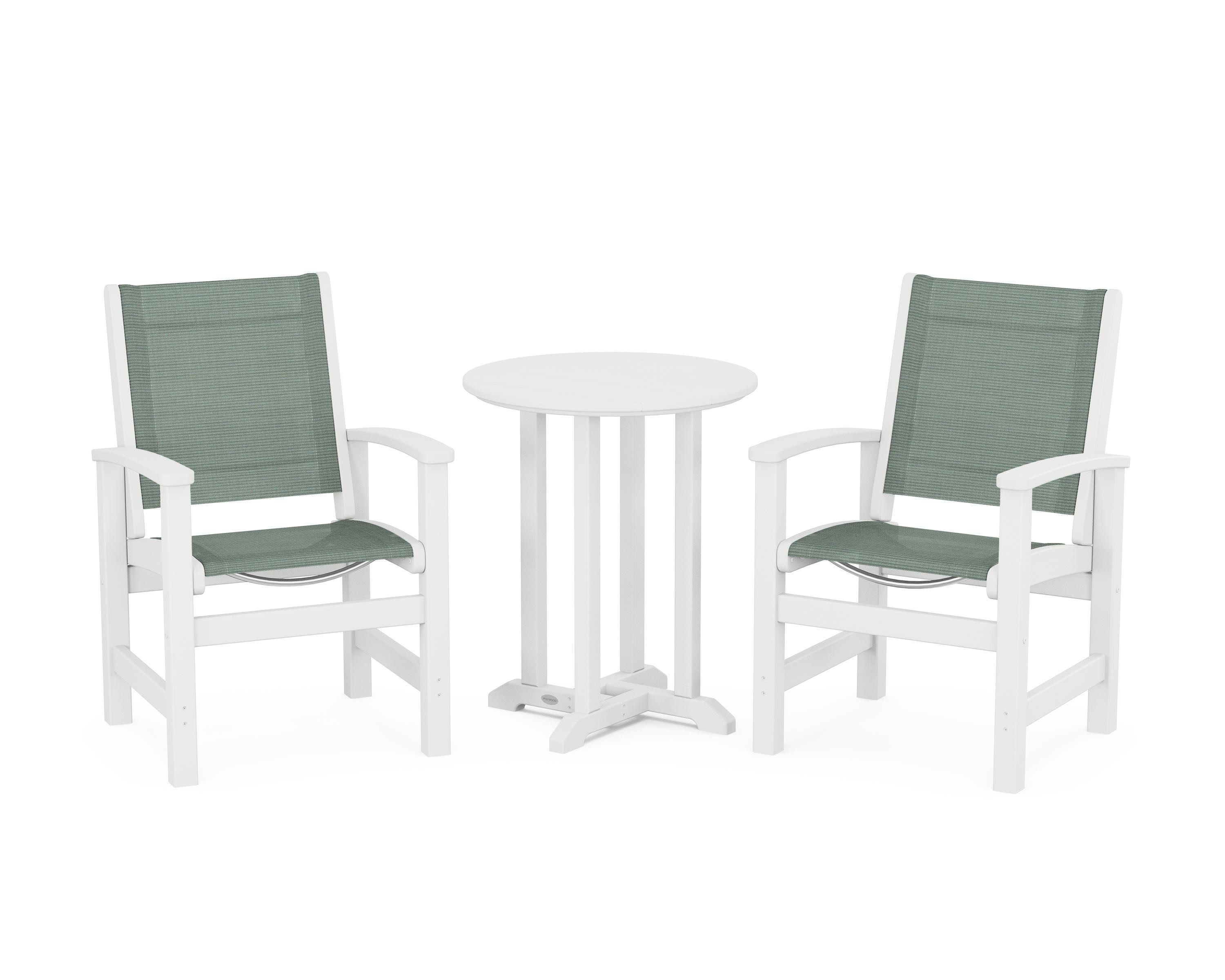 Coastal 3-Piece Round Bistro Dining Set in White / Dupioni Sea Mist Sling