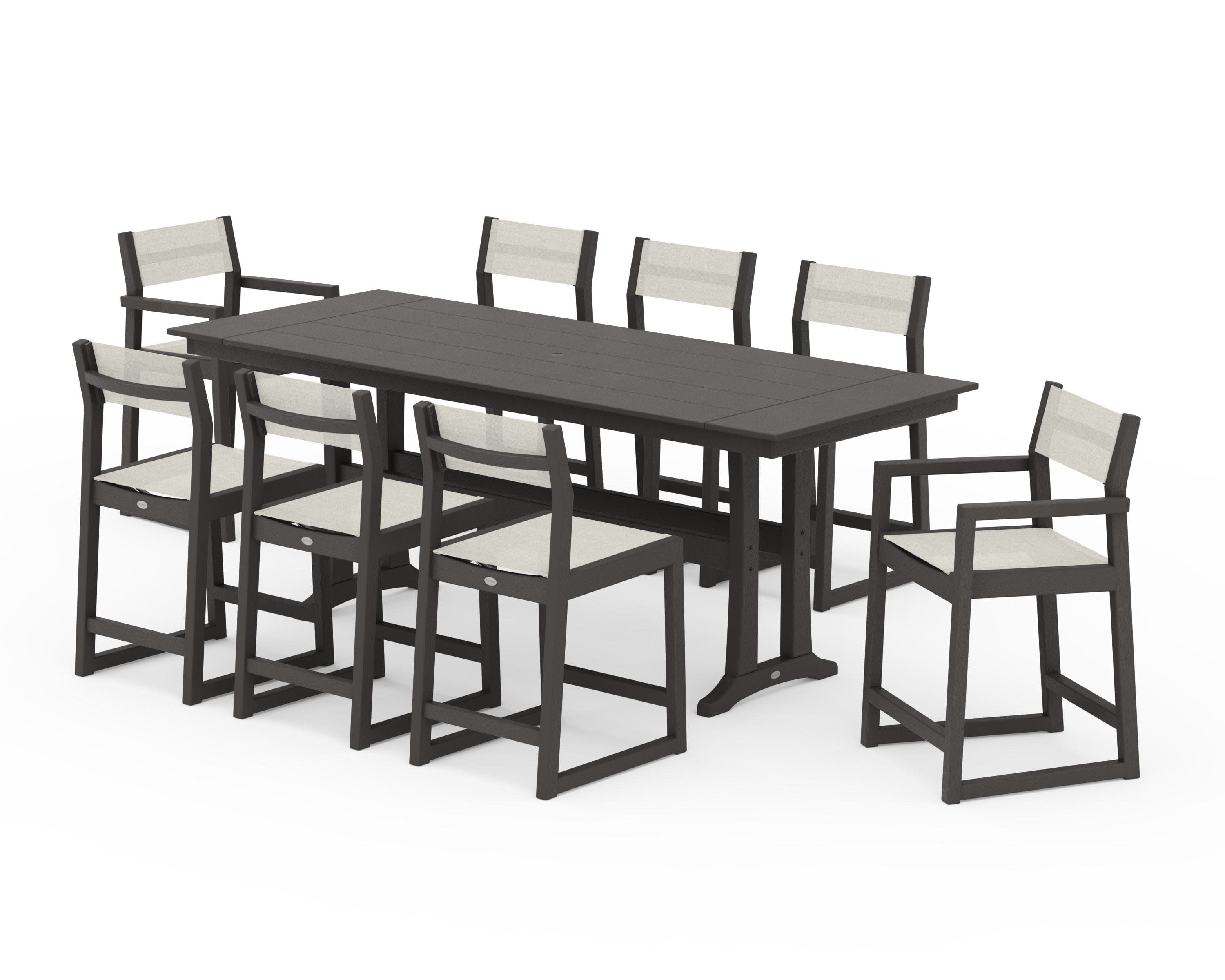 EDGE Sling 9-Piece Farmhouse Counter Set with Trestle Legs in Vintage Coffee / Parchment Sling