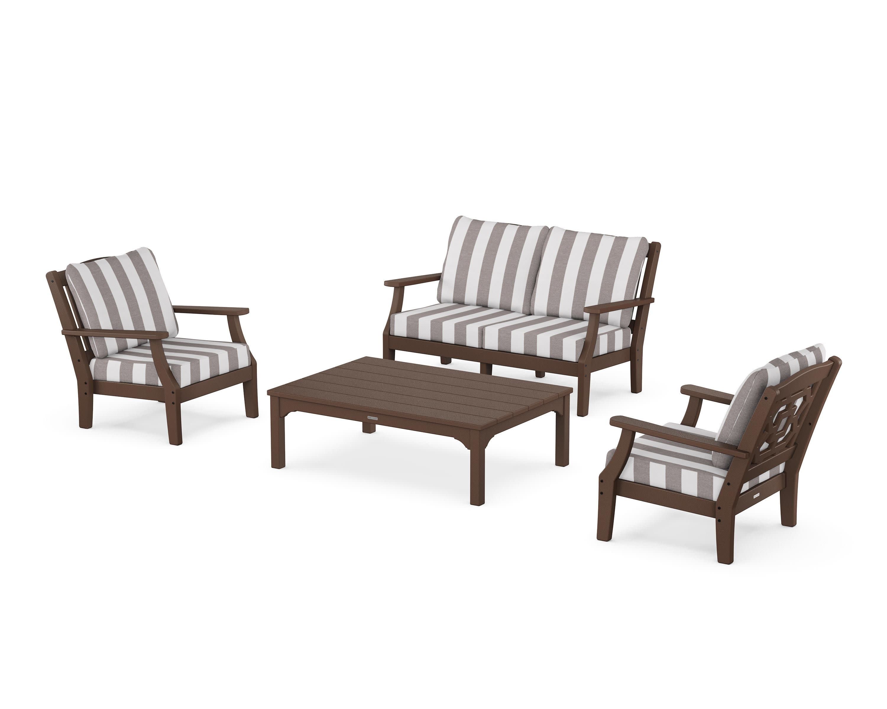 Chinoiserie 4-Piece Deep Seating Set with Loveseat in Mahogany / Cabana Stripe Grey Mist