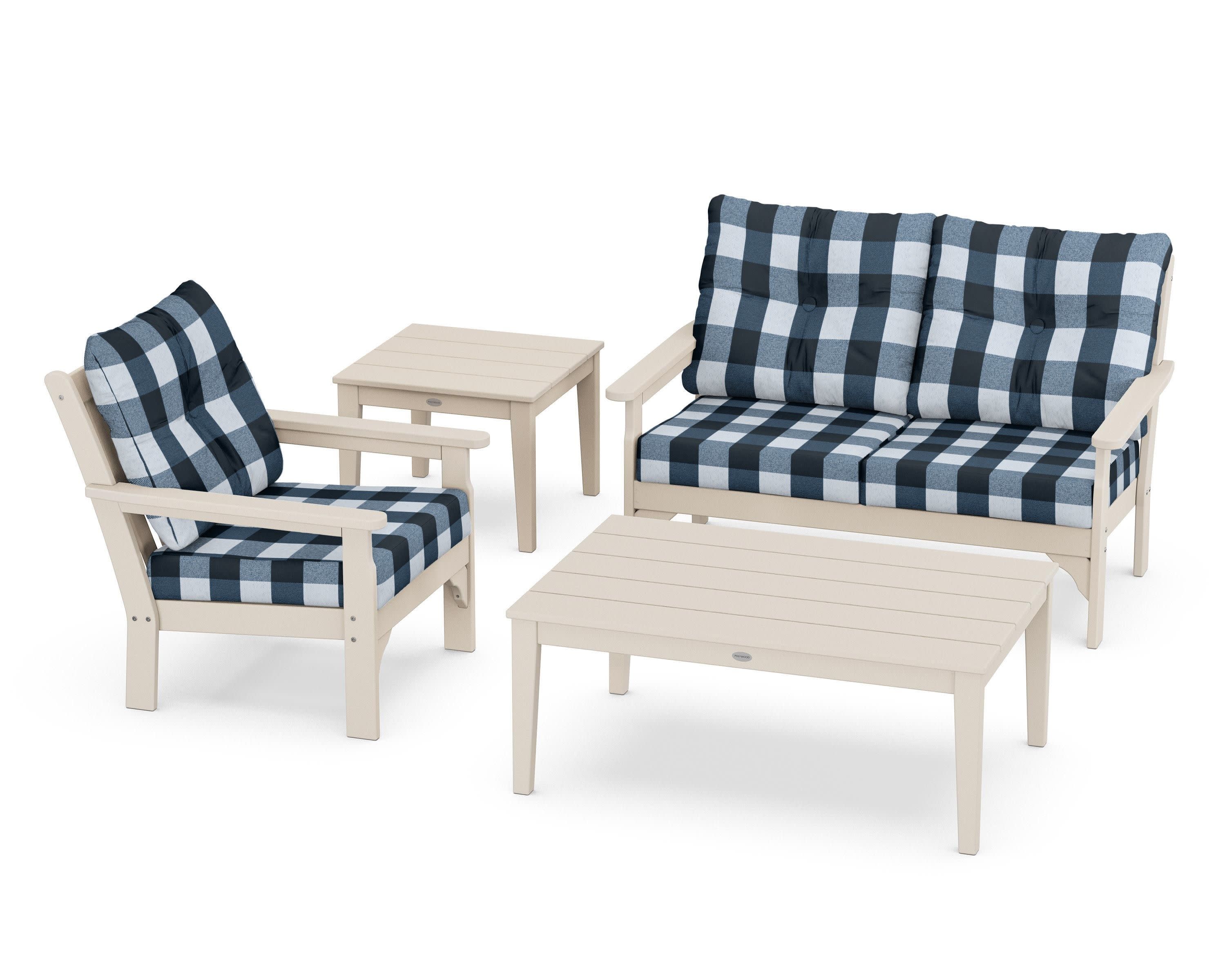 Vineyard 4-Piece Deep Seating Set in Sand / Buffalo Plaid Marine Indigo