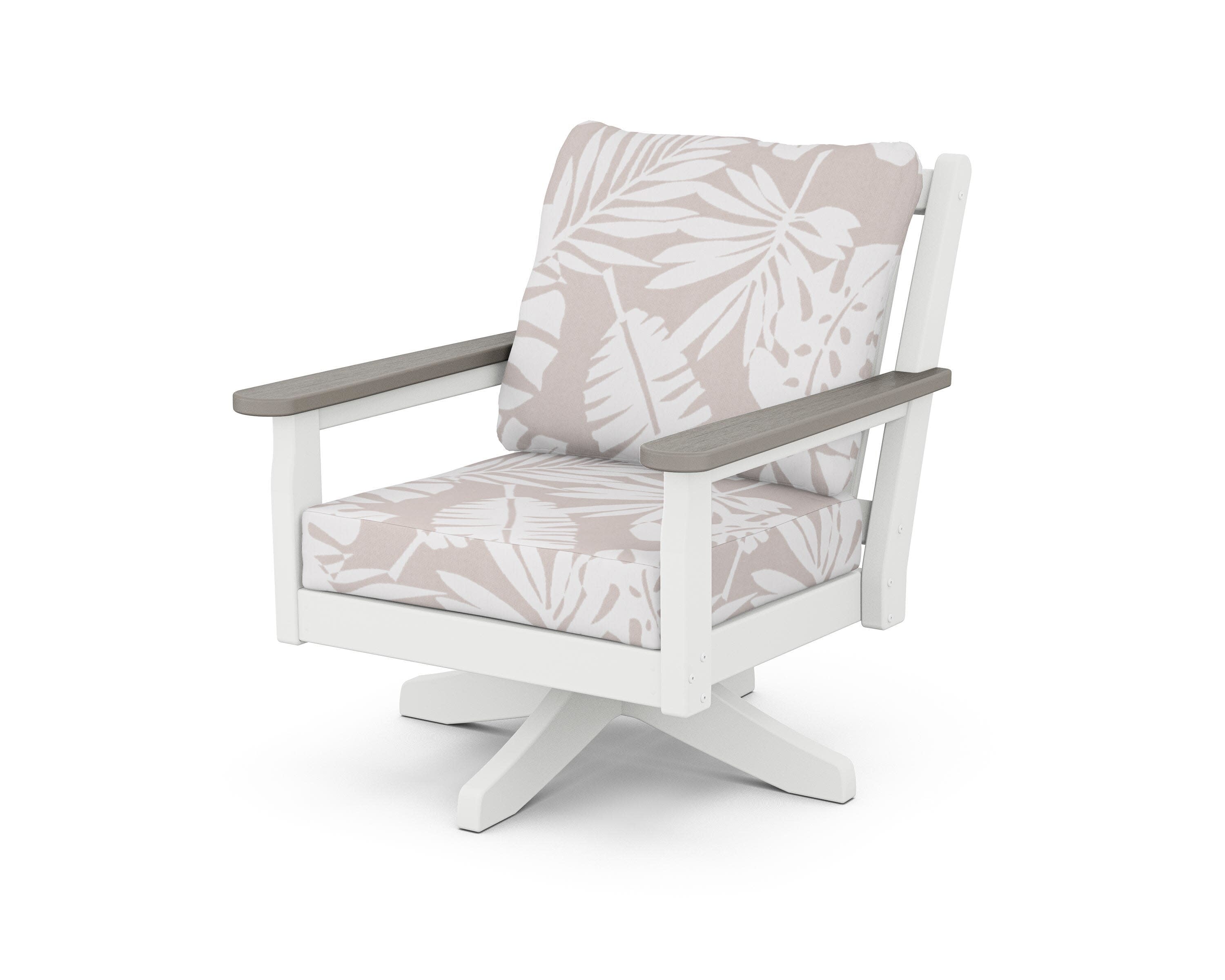 Chippendale Deep Seating Swivel Chair in White / Driftwood / Leaf Dune Burlap