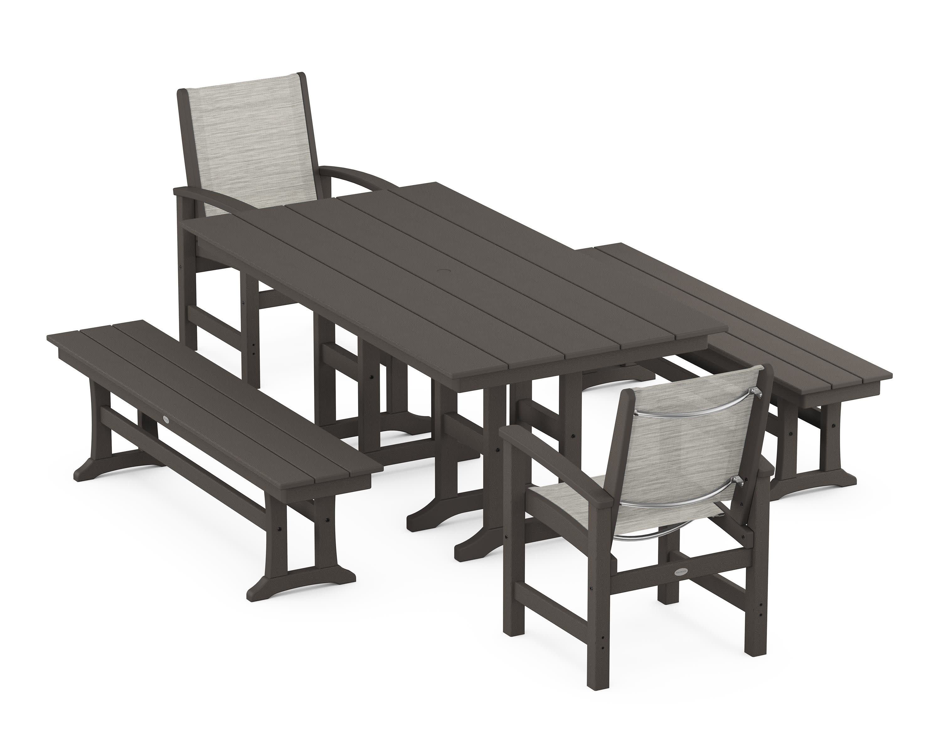 Coastal 5-Piece Farmhouse Dining Set in Vintage Coffee / Birch Sling