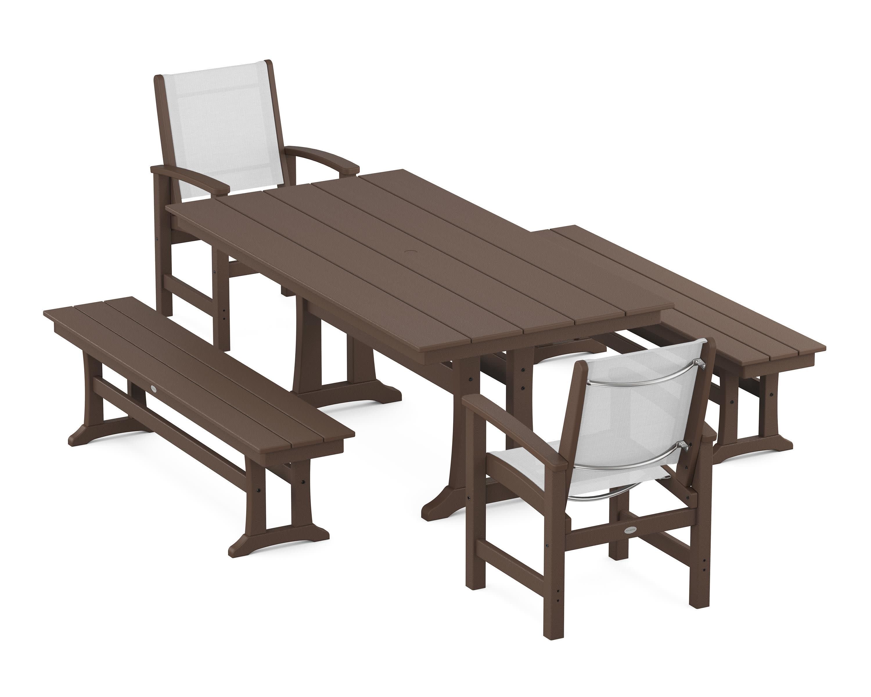 Coastal 5-Piece Farmhouse Dining Set with Trestle Legs and Benches in Mahogany / White Sling