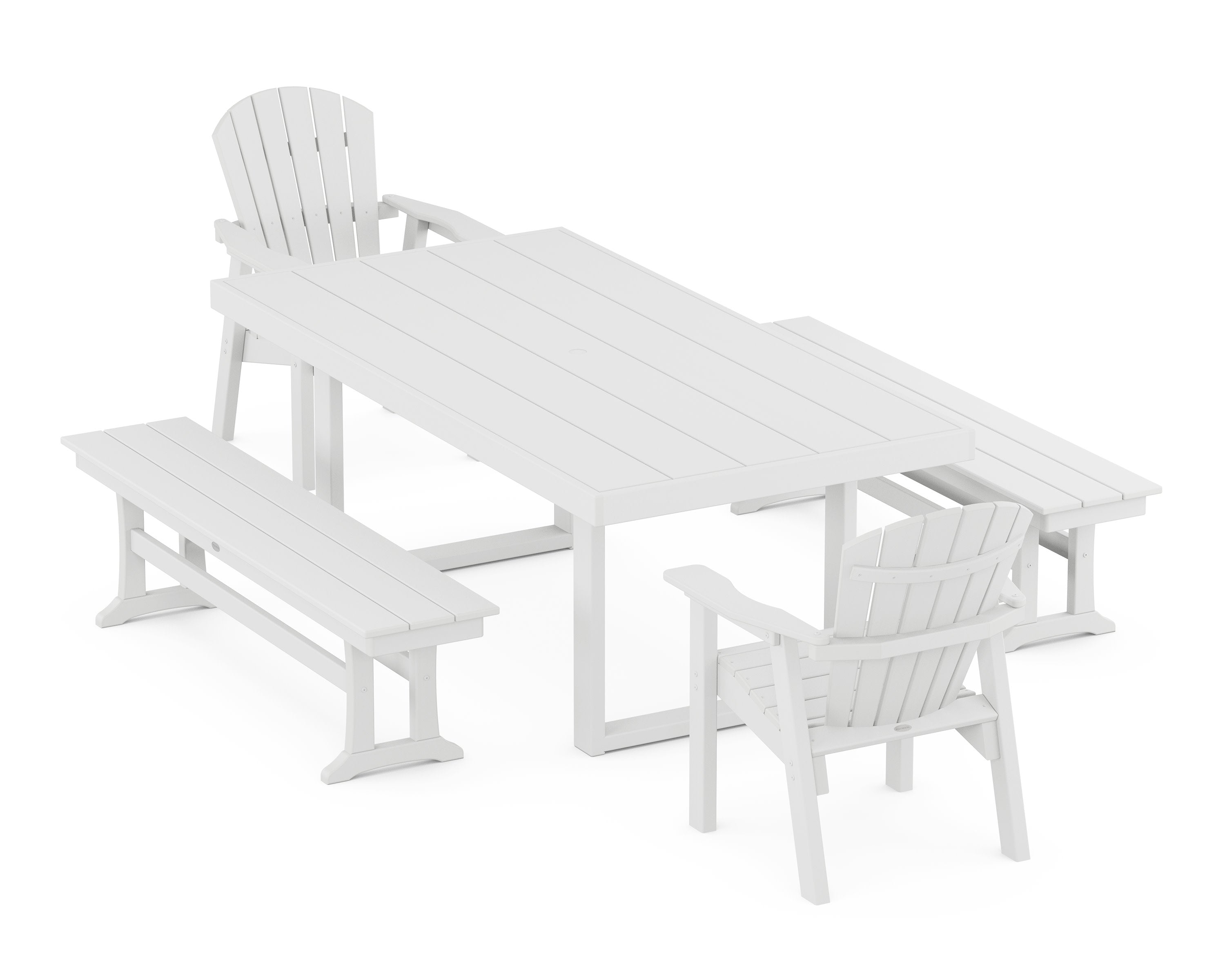 Seashell 5-Piece Dining Set with Benches in White