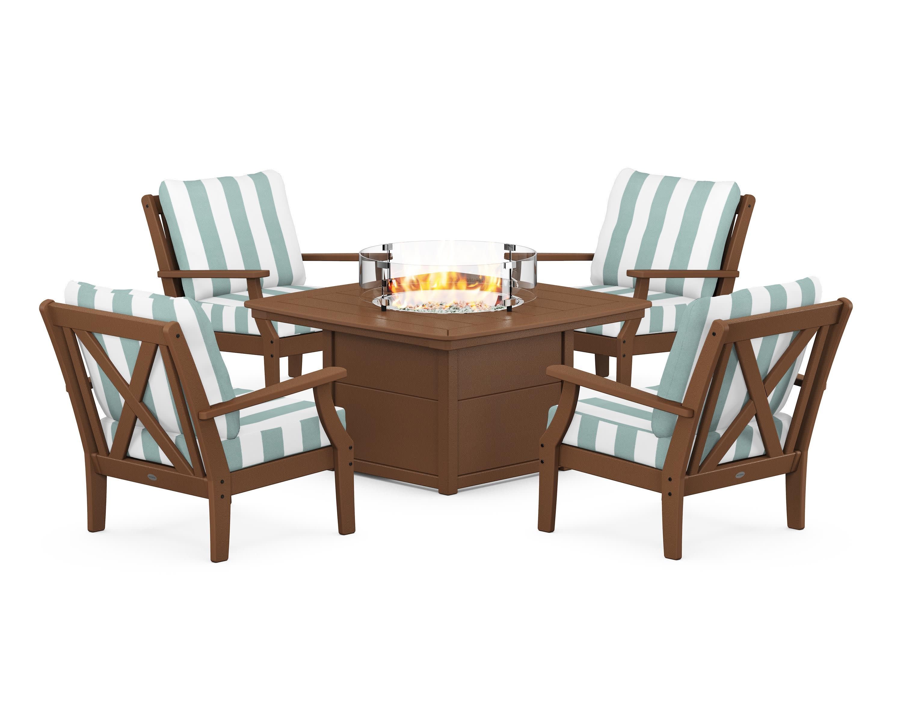 Braxton 5-Piece Deep Seating Conversation Set with Fire Pit Table in Teak / Cabana Stripe Glacier Spa