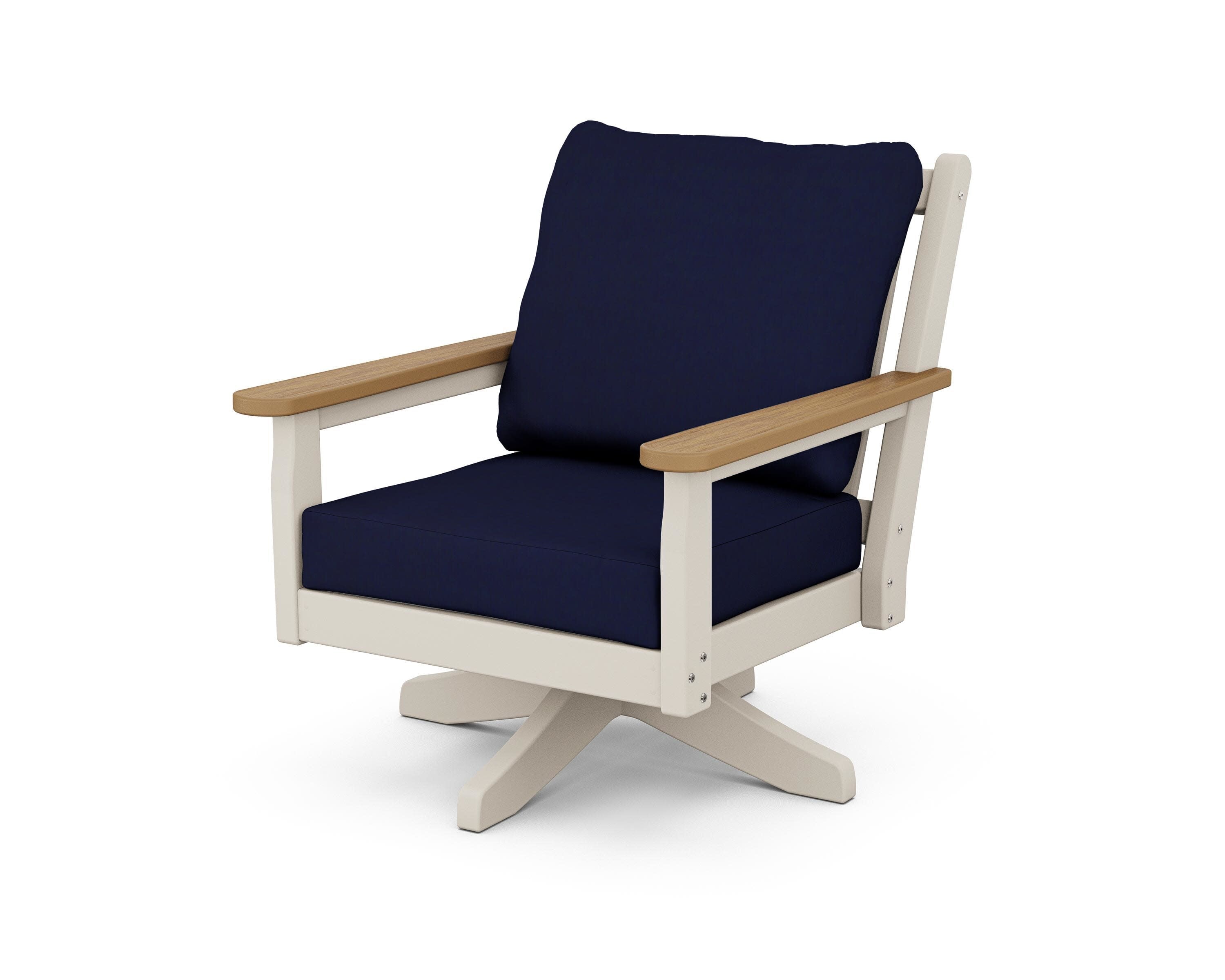 Chippendale Deep Seating Swivel Chair in Sand / Natural / Navy