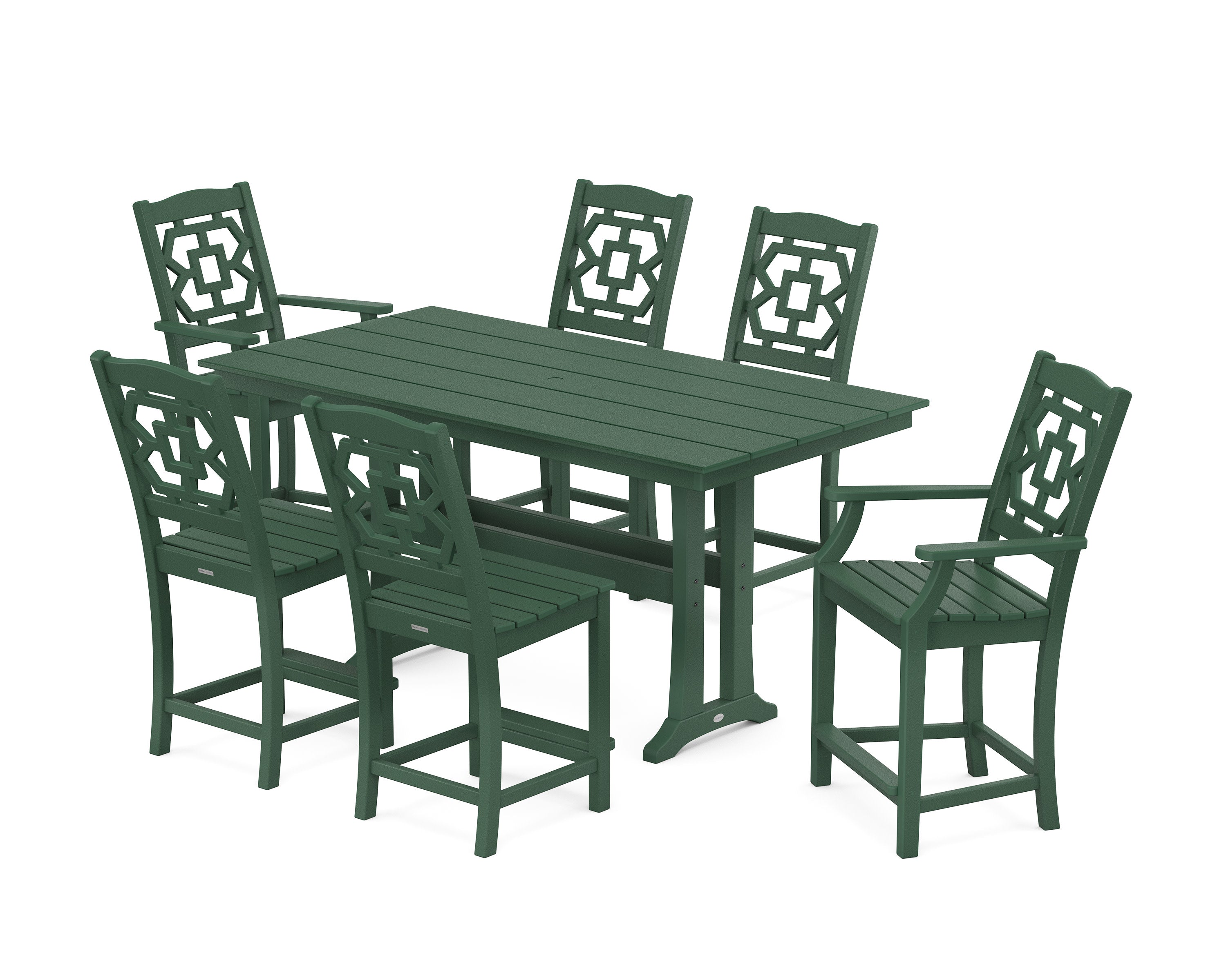 Chinoiserie 7-Piece Farmhouse Counter Set with Trestle Legs in Green