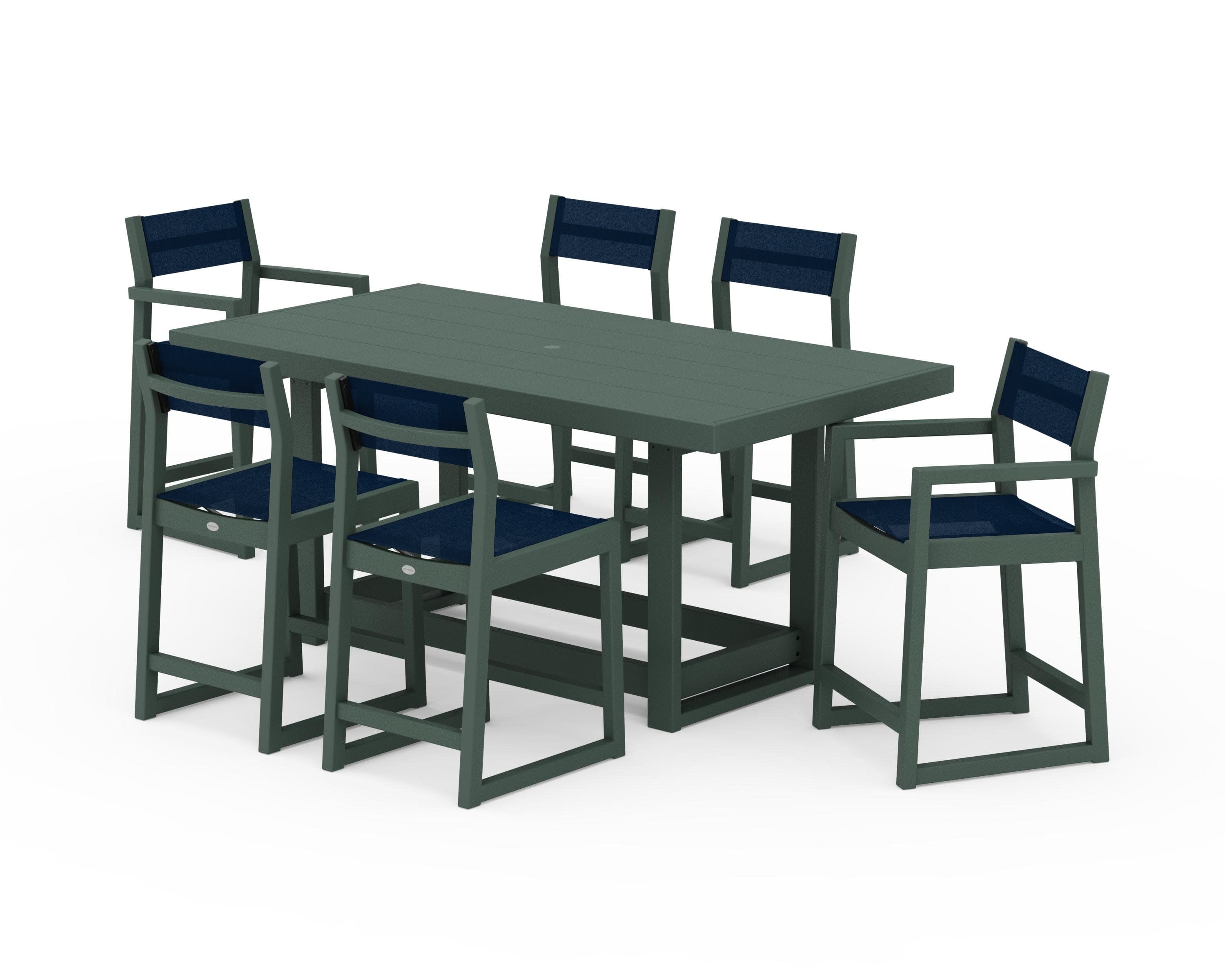 EDGE Sling 7-Piece Counter Table Set in Green / Navy Blue Sling