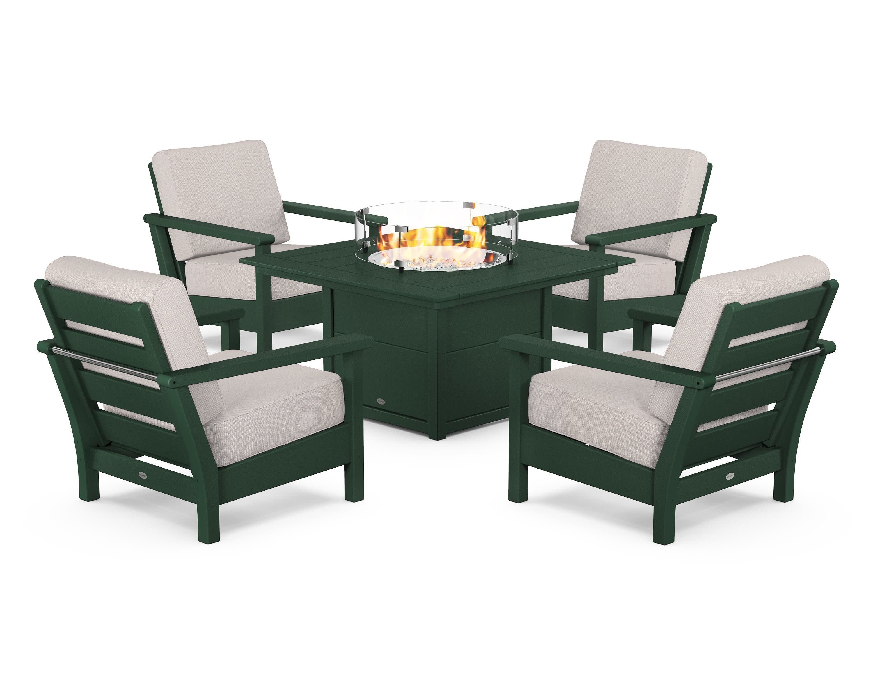 Harbour 5-Piece Conversation Set with Fire Pit Table in Green / Dune Burlap