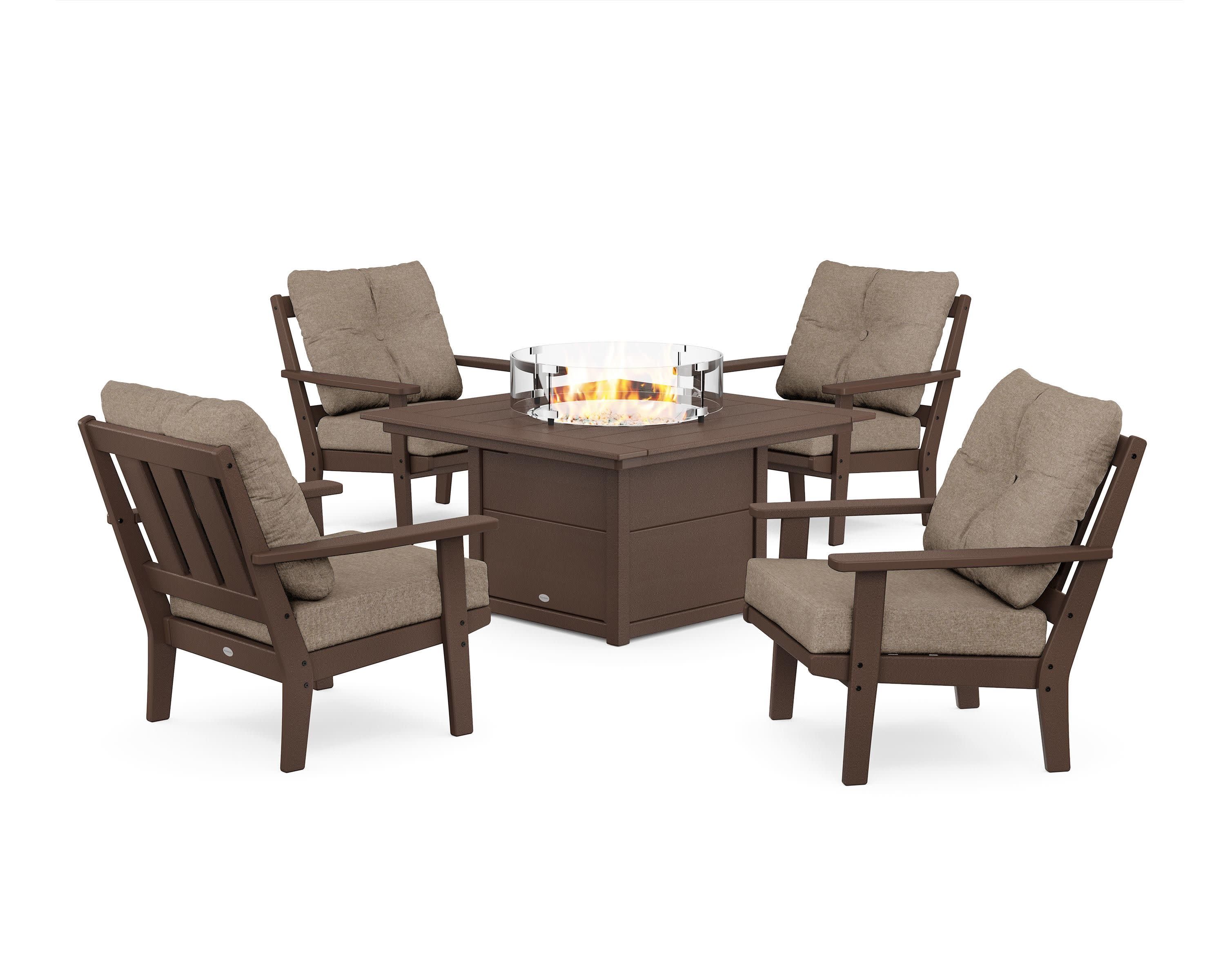 Oxford 5-Piece Deep Seating Set with Fire Pit Table in Mahogany / Spiced Burlap