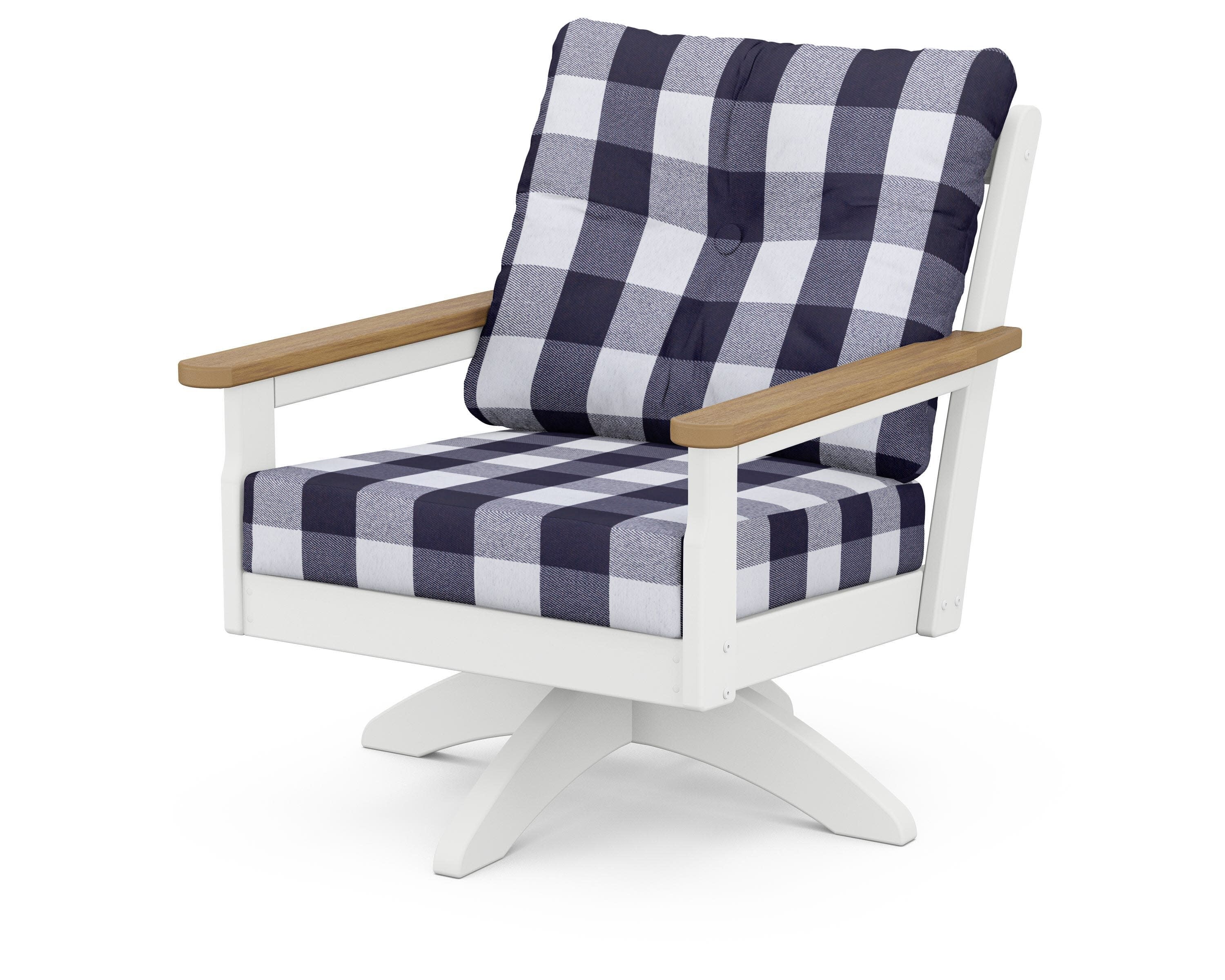 Vineyard Deep Seating Swivel Chair in White / Natural / Buffalo Plaid Navy