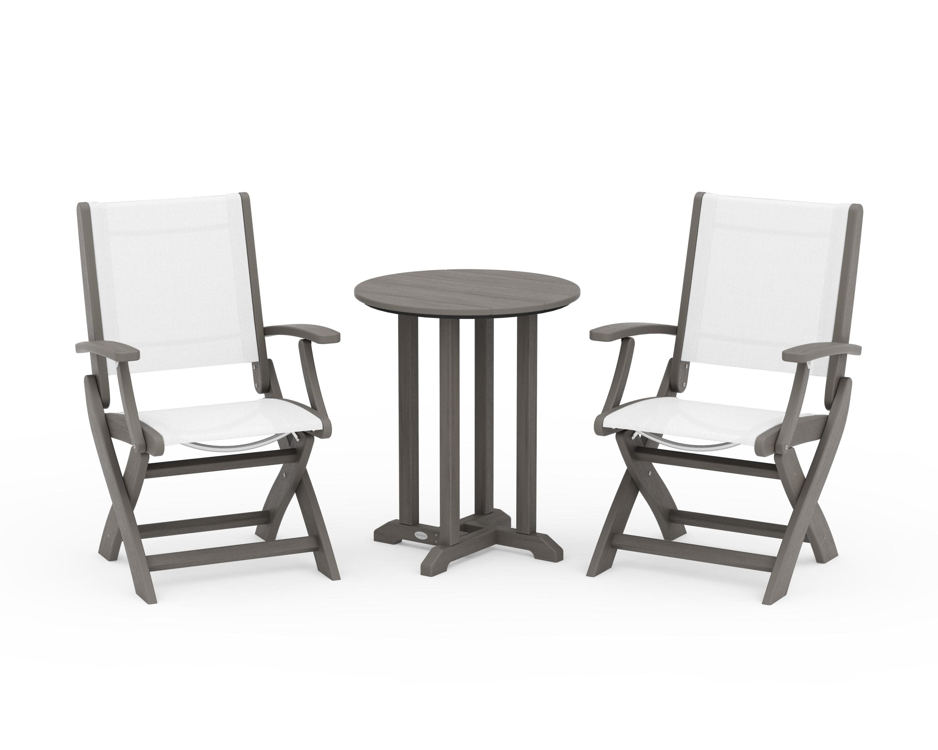 Coastal Folding 3-Piece Round Bistro Dining Set in Driftwood / White Sling