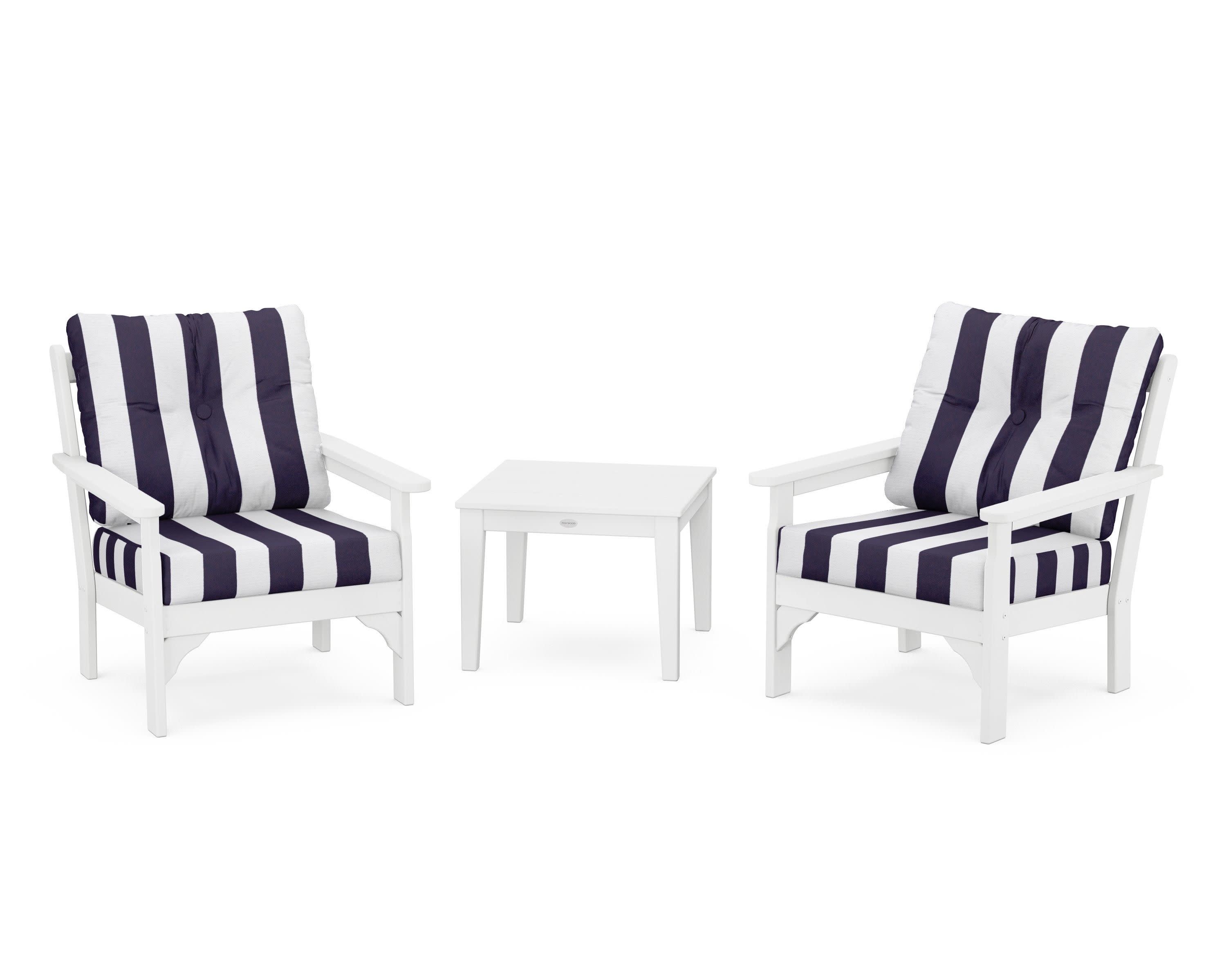Vineyard 3-Piece Deep Seating Set in White / Cabana Stripe Navy