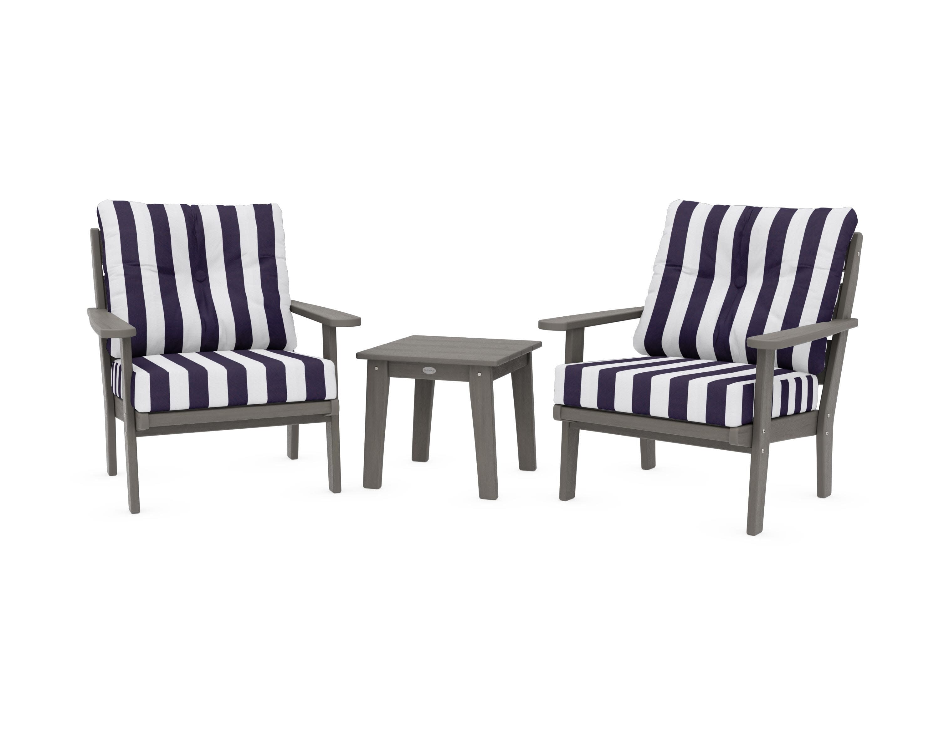 Lakeside 3-Piece Deep Seating Chair Set in Driftwood / Cabana Stripe Navy