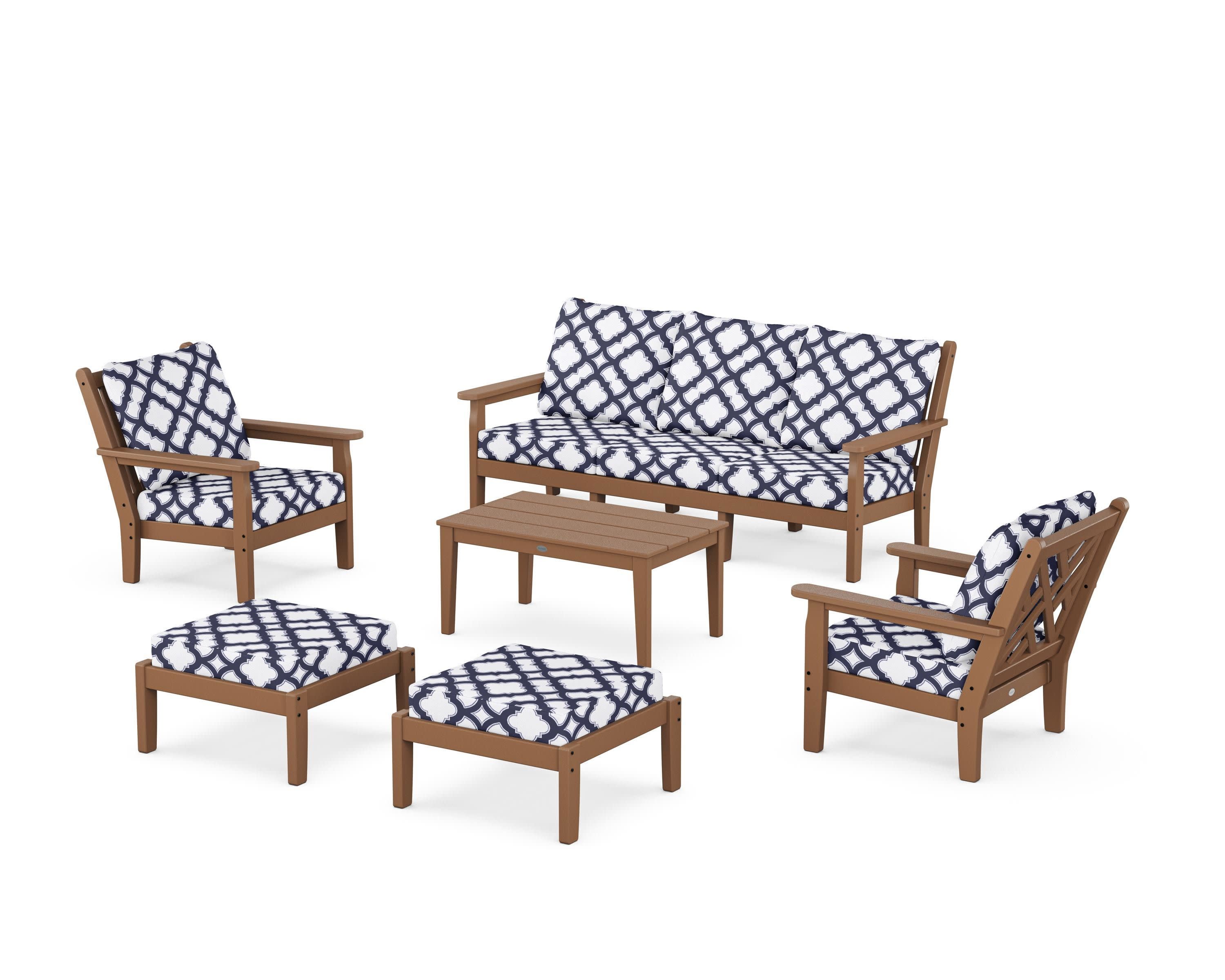 Chippendale 6-Piece Lounge Sofa Set in Teak / Trellis Navy