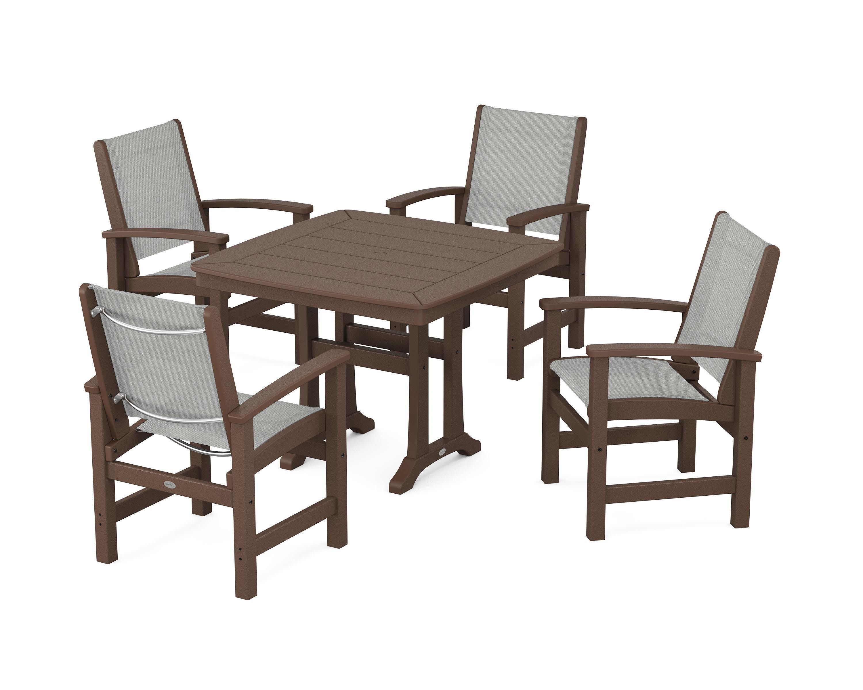 Coastal 5-Piece Dining Set with Trestle Legs in Mahogany / Metallic Sling